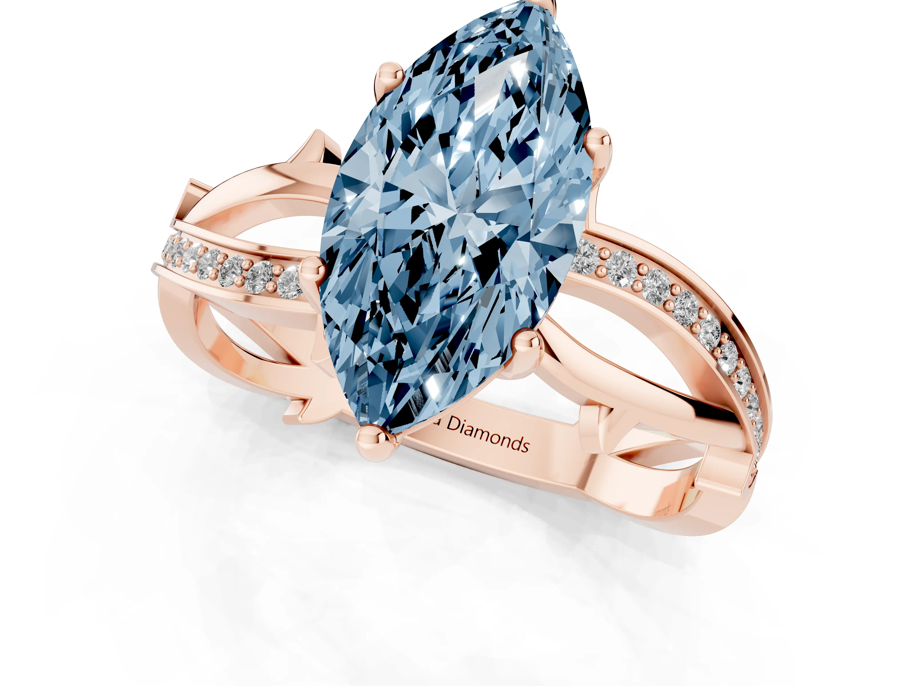 Fancy Blue Marquise Cut Diamond Pavé Twist Band Solitaire Ring Set in Rose gold with Prong Setting