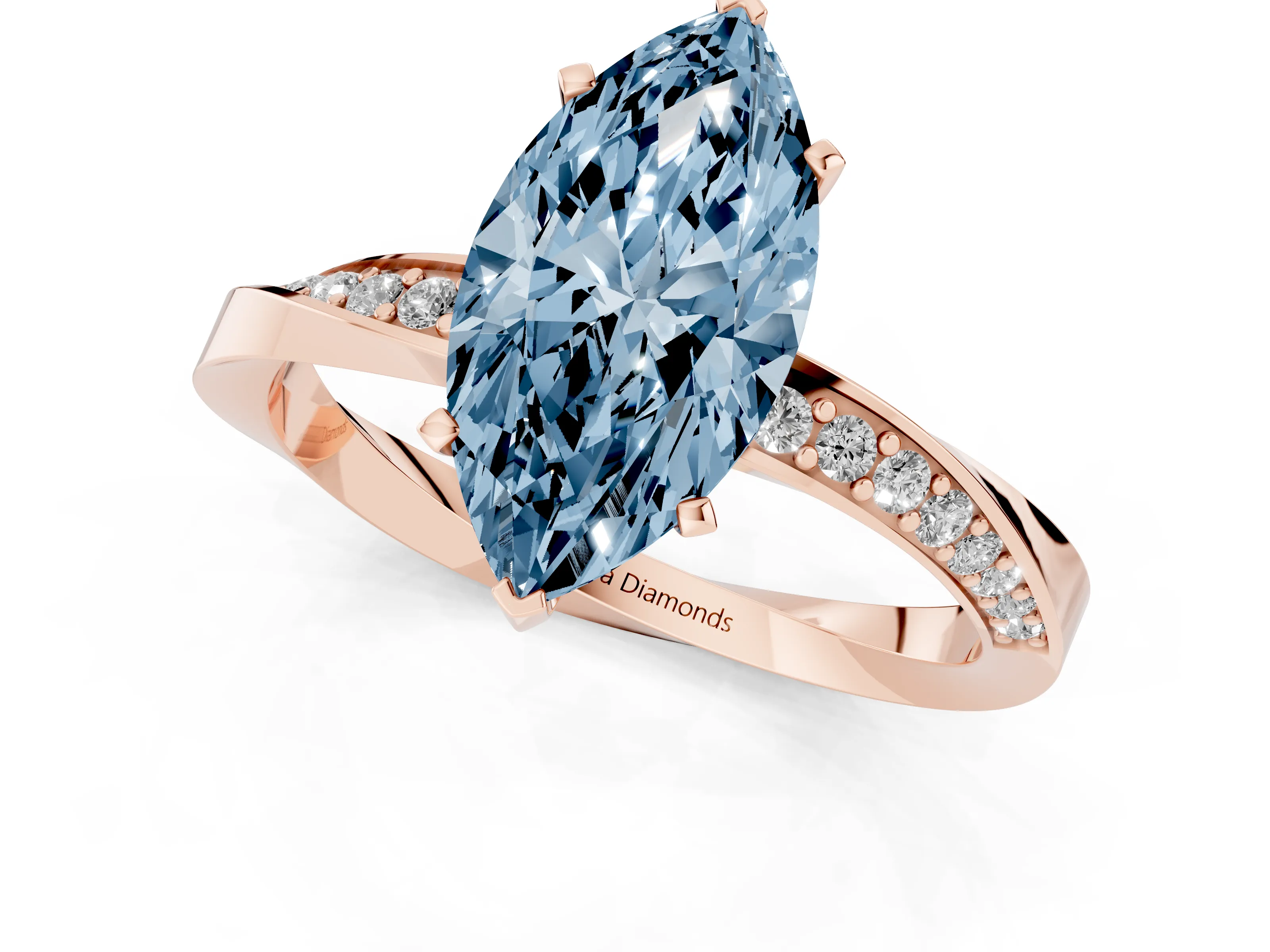 Fancy Blue Marquise Cut Diamond Engagement Ring Set in Rose gold with Side Stone Accents and Prong Setting
