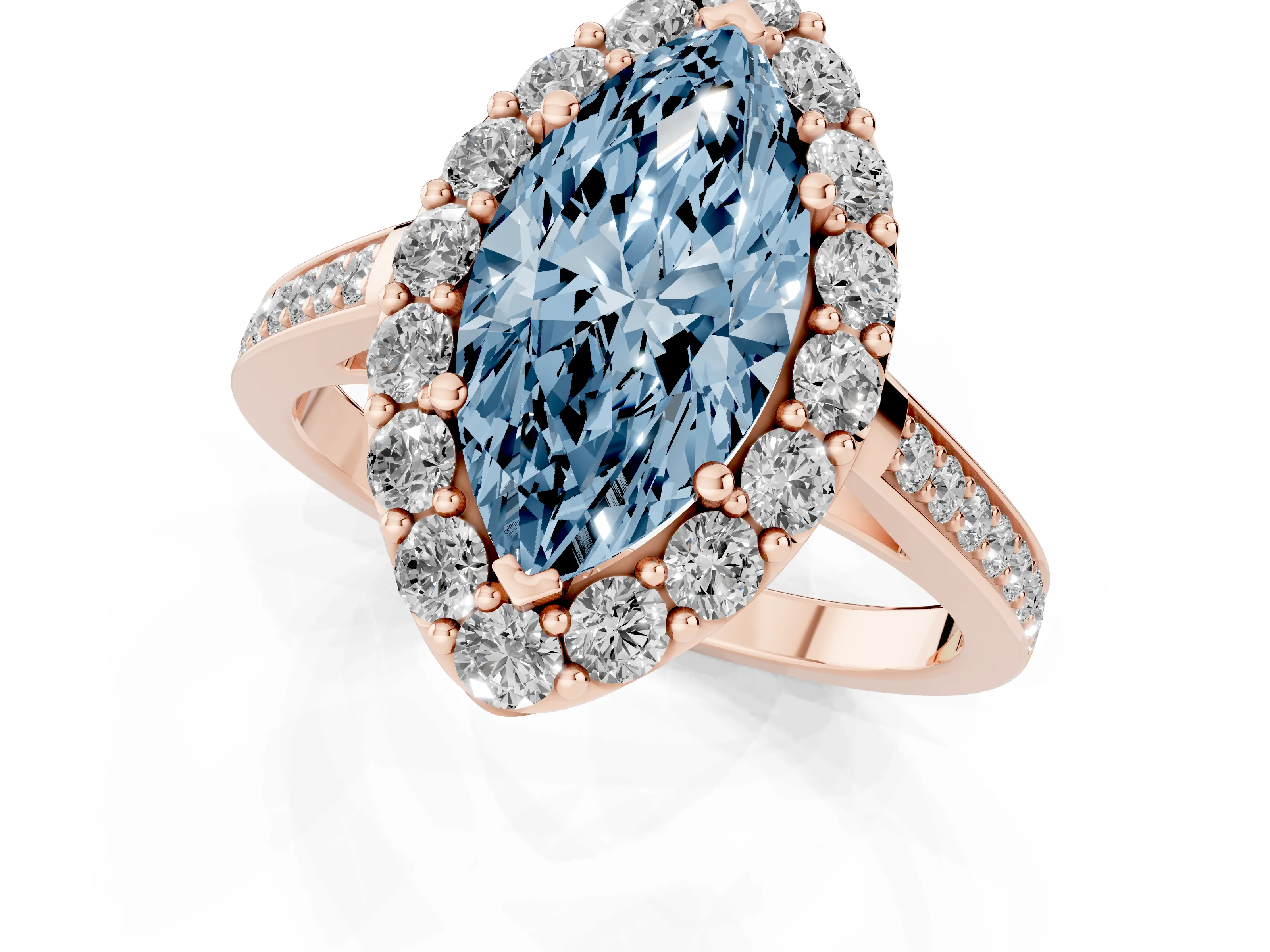 Fancy Blue Marquise Cut Diamond Floral Halo Ring Set in Rose gold with Pavé Band and Prong Setting