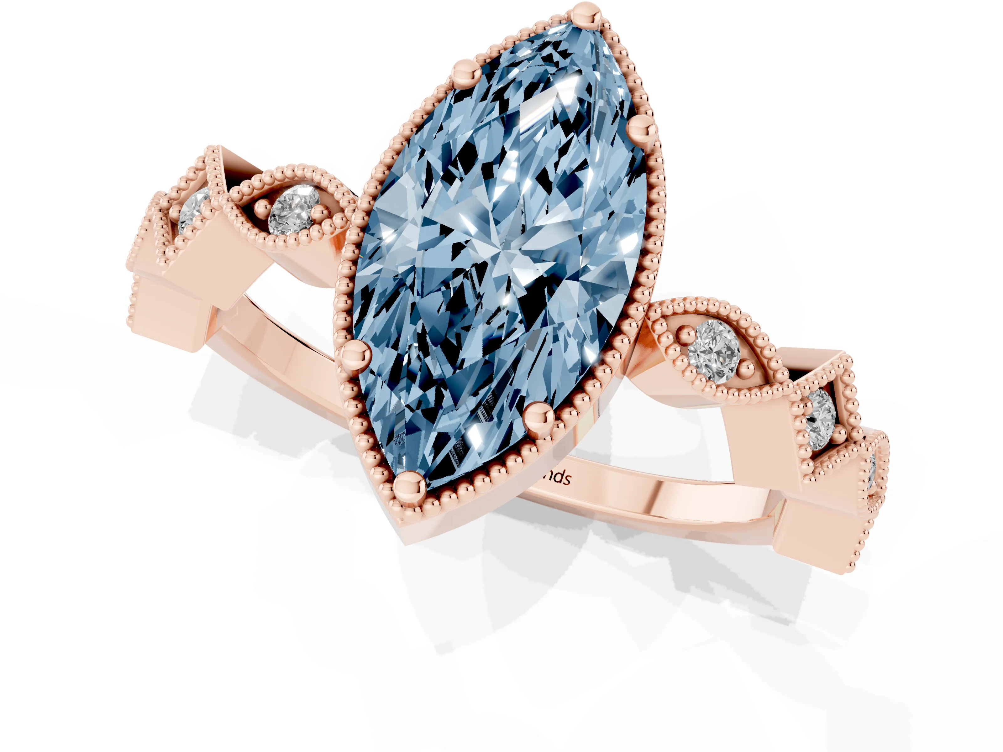 Fancy Blue Marquise Cut Diamond Milgrain Marquise Twist Band Ring Set in Rose gold with Prong Setting