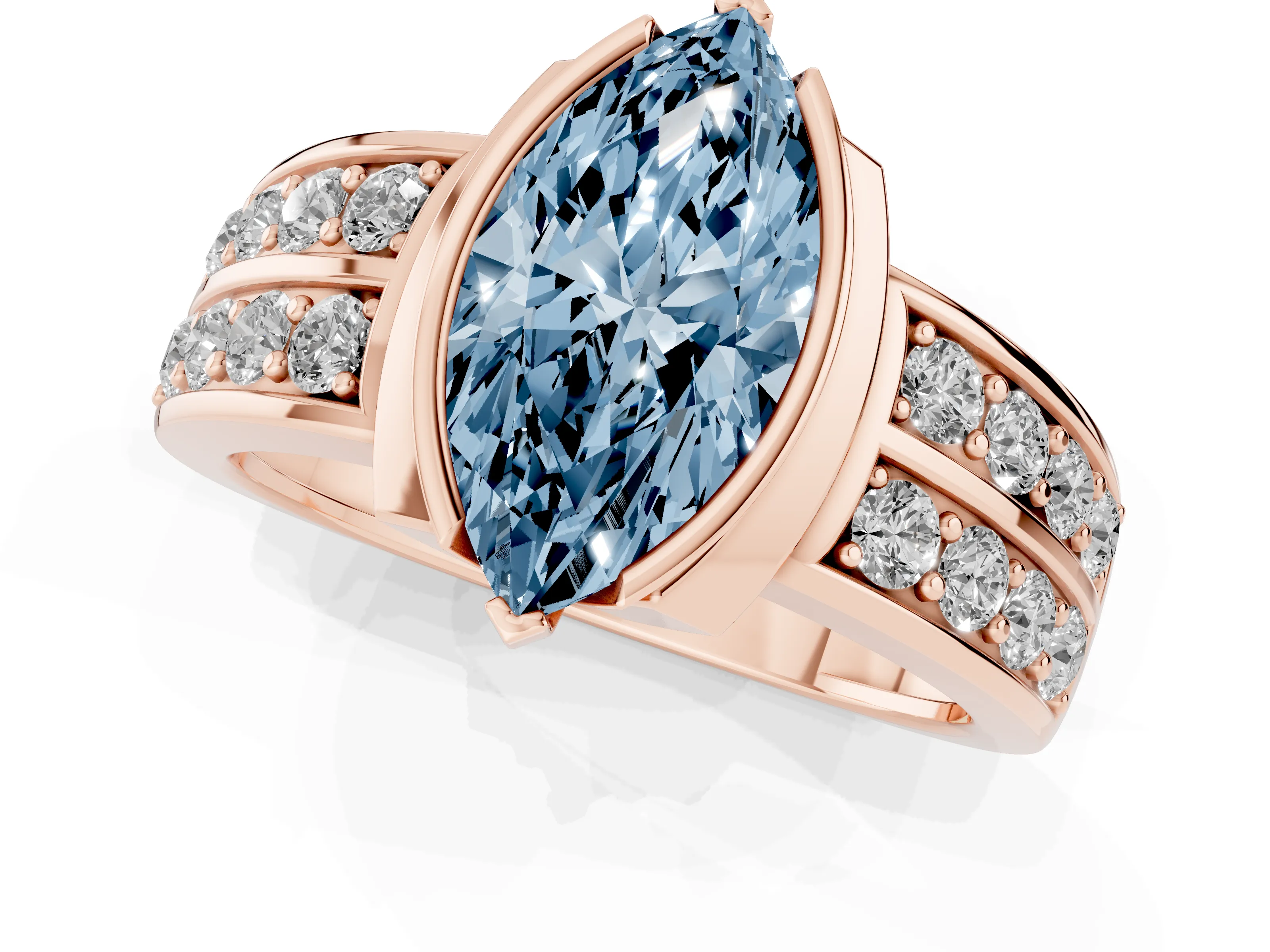 Fancy Blue Marquise Cut Diamond Wide Channel Set Band Ring Set in Rose gold with Bezel Setting