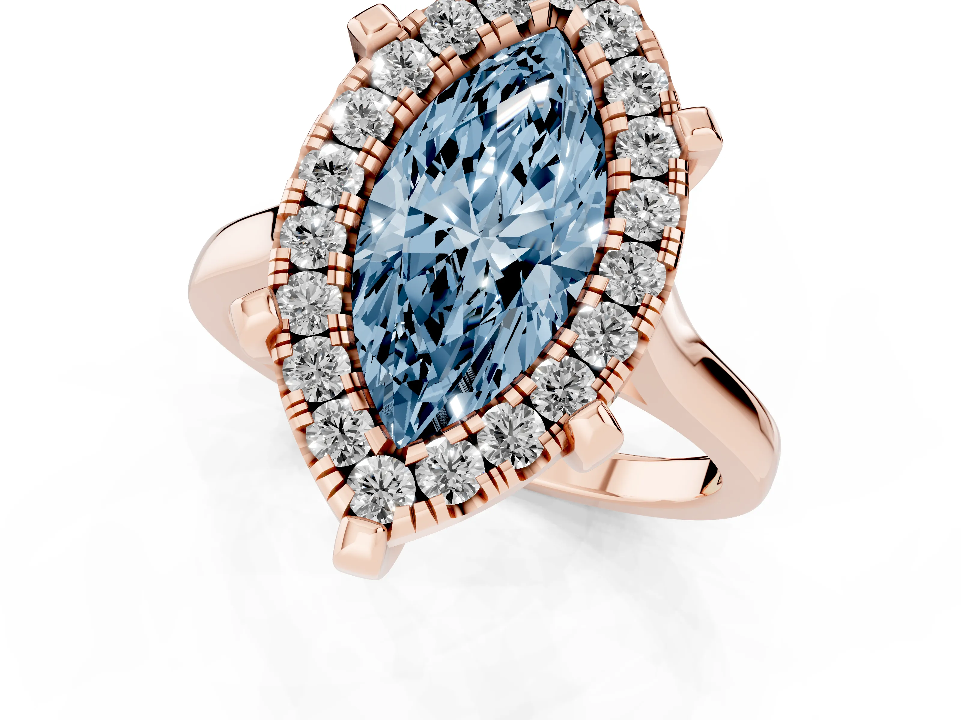 Fancy Blue Marquise Cut Diamond Cluster Halo Solitaire Ring Set in Rose gold with Prong Setting