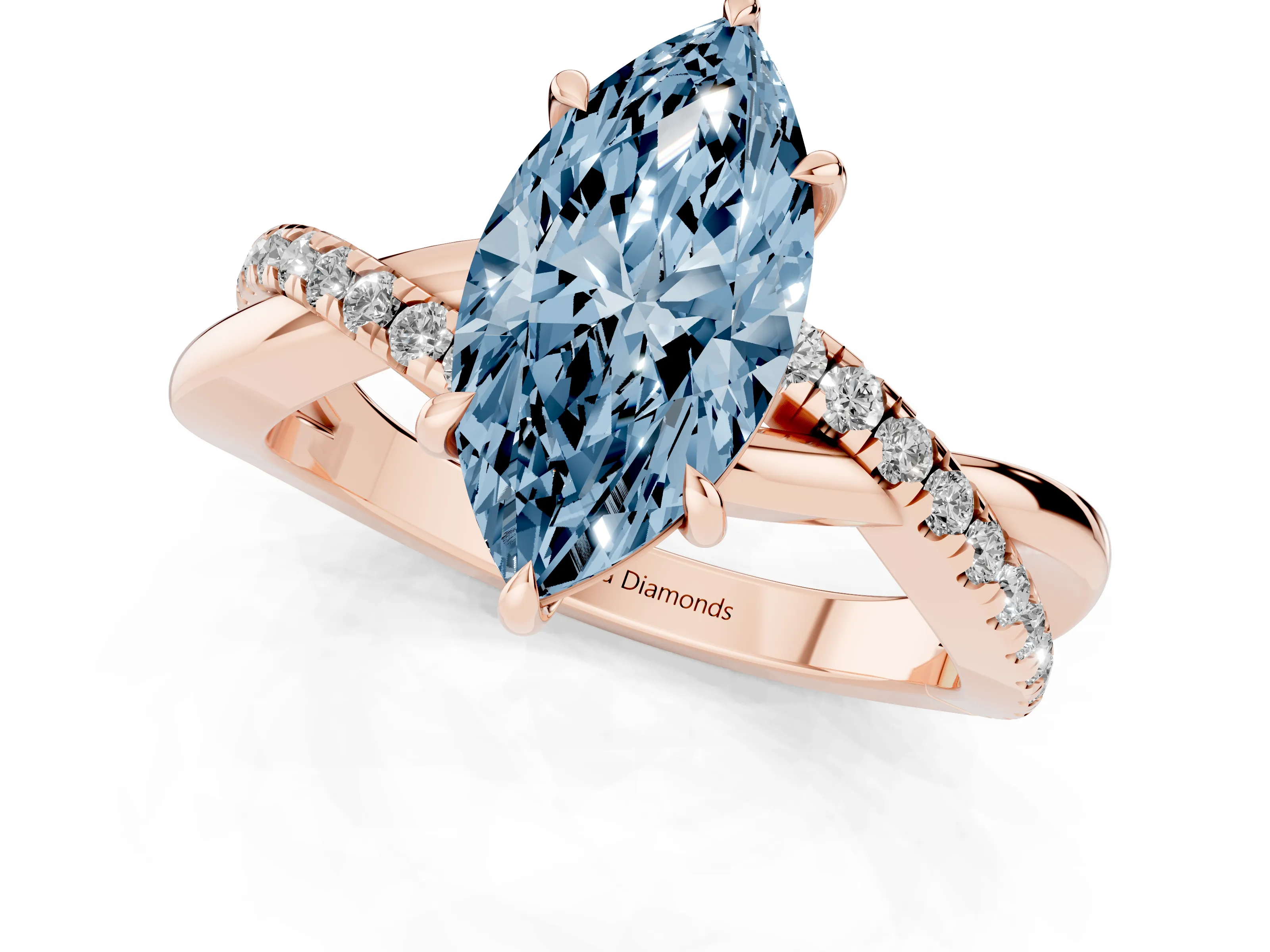 Fancy Blue Marquise Cut Diamond Twisted Pavé Band Ring Set in Rose gold with Prong Setting