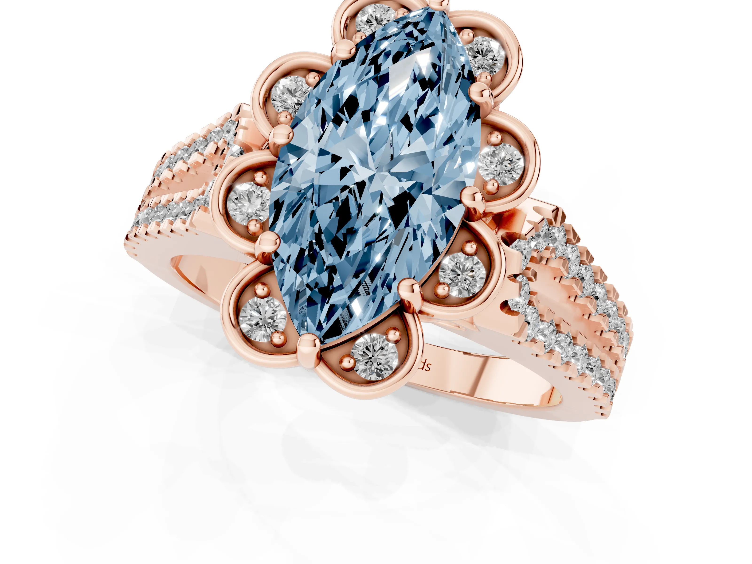 Fancy Blue Marquise Cut Diamond Floral Halo Split Shank Engagement Ring Set in Rose gold with Pavé Shank