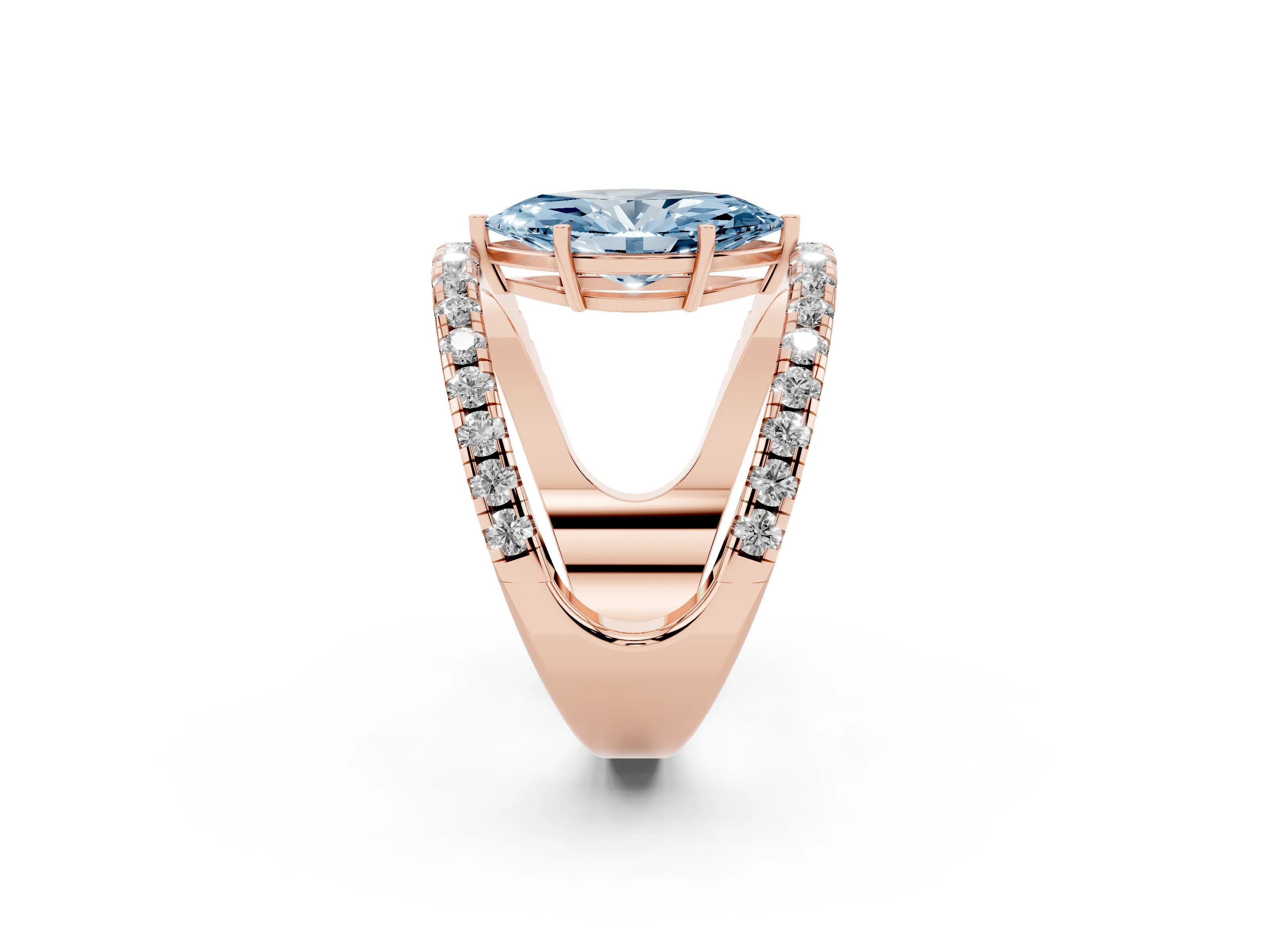 Fancy Blue Marquise Cut Diamond Split Shank Pavé Solitaire Ring Set in Rose gold with Open Shank Design