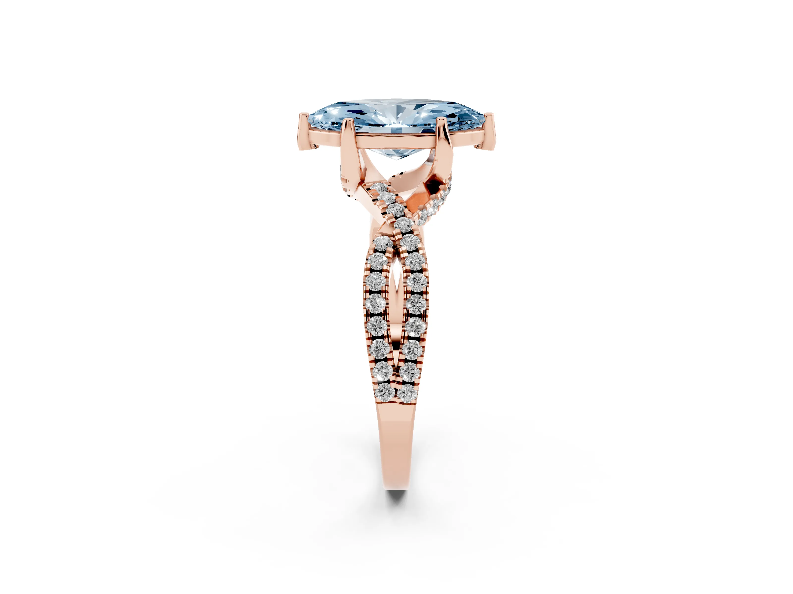 Fancy Blue Marquise Cut Diamond Twist Pavé Solitaire Engagement Ring Set in Rose gold with Prong Setting