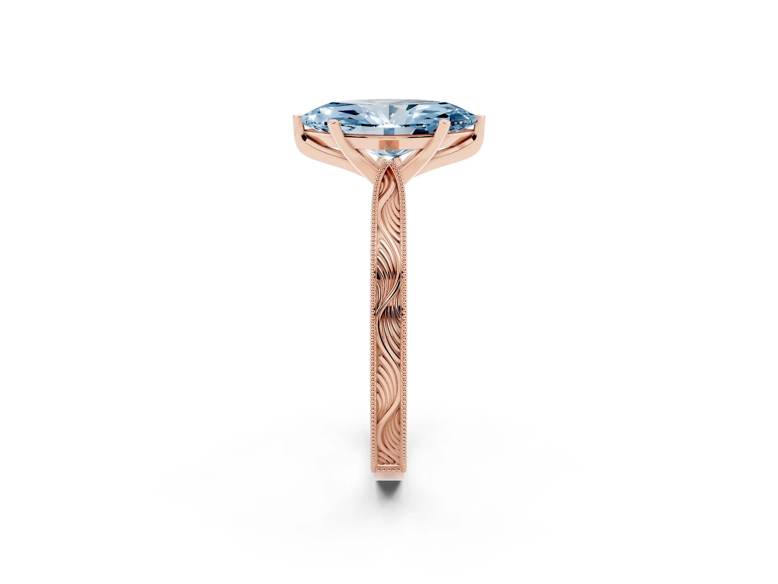 Fancy Blue Marquise Cut Diamond Solitaire Milgrain Engraved Band Set in Rose gold with Prong Setting