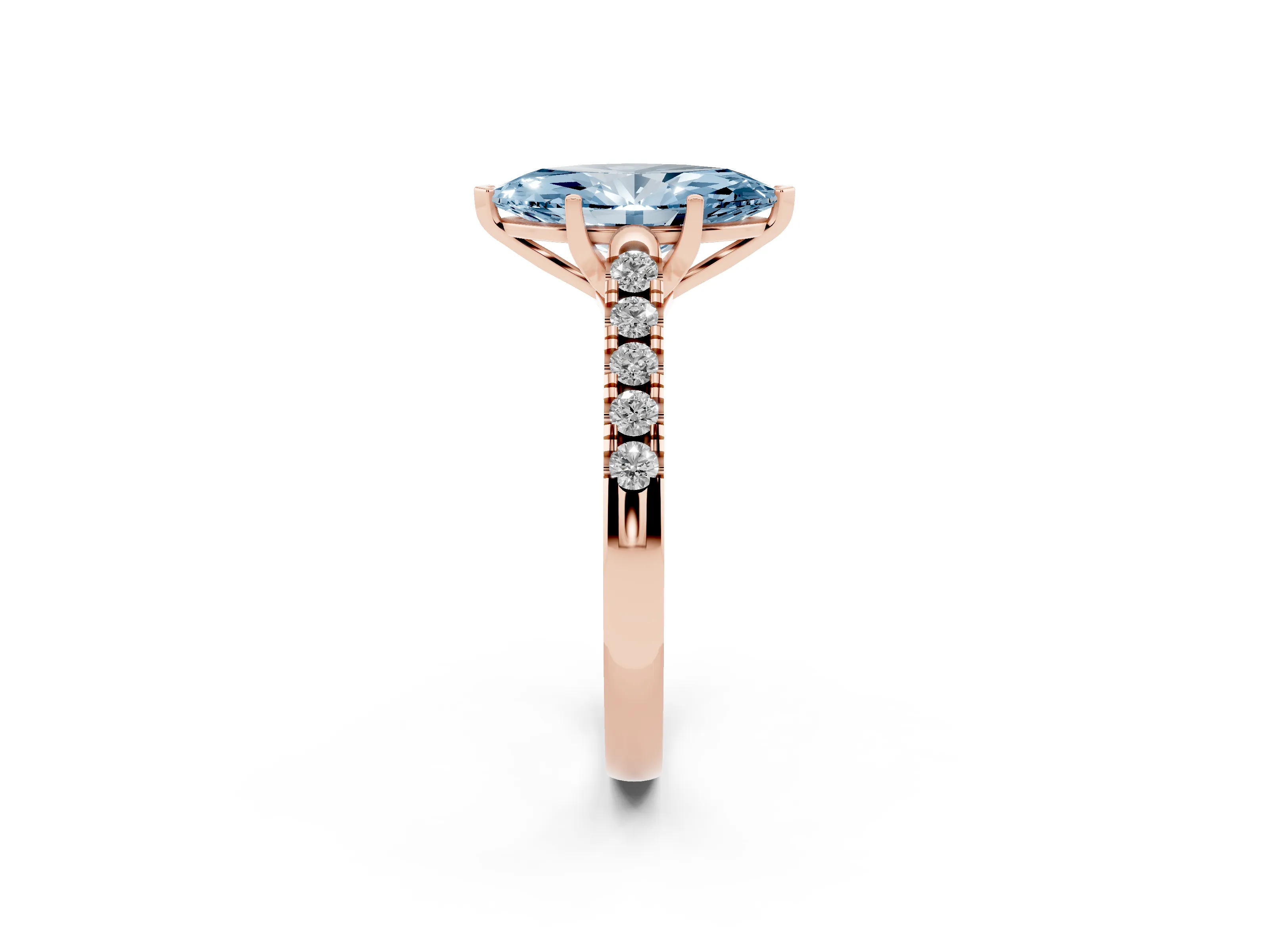 Fancy Blue Marquise Cut Diamond Pavé Band Solitaire Ring Set in Rose gold with Partway Accent Stones and Prong Setting