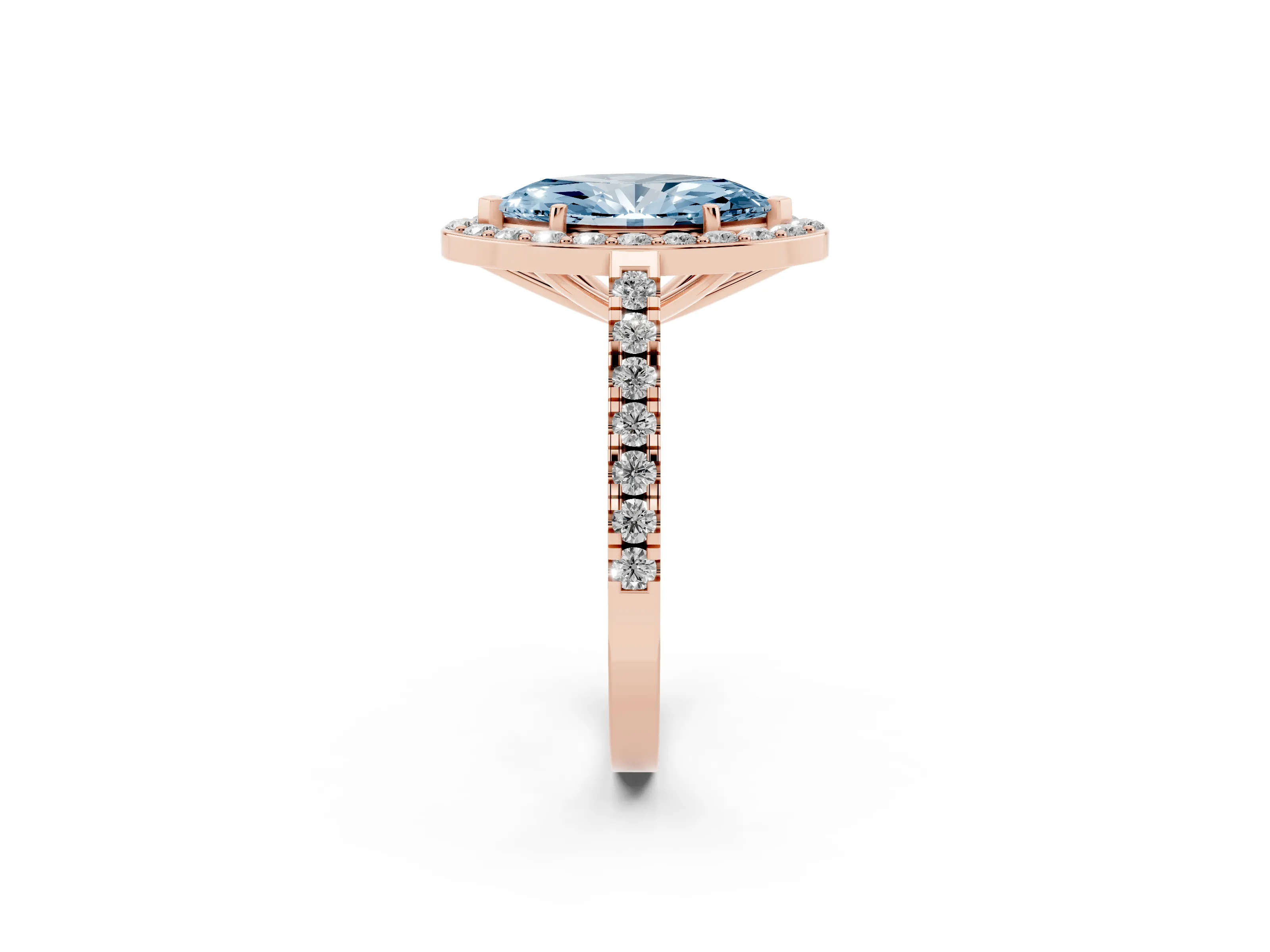 Fancy Blue Marquise Cut Diamond Halo Ring Set in Rose gold with Round Pavé Split Shank and Prong Setting
