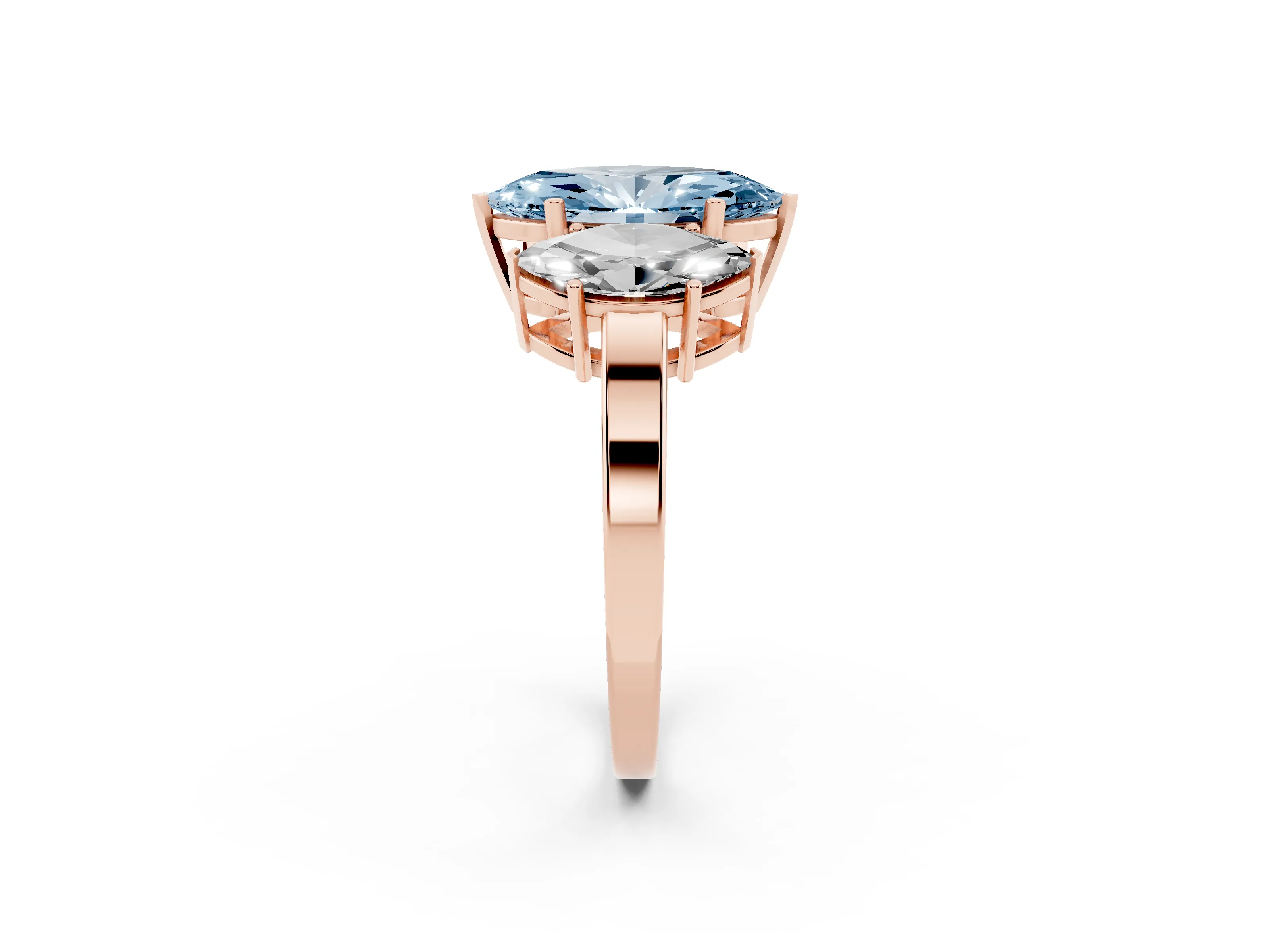 Fancy Blue Marquise Cut Diamond Three-Stone Engagement Ring Set in Rose gold with Flat Band
