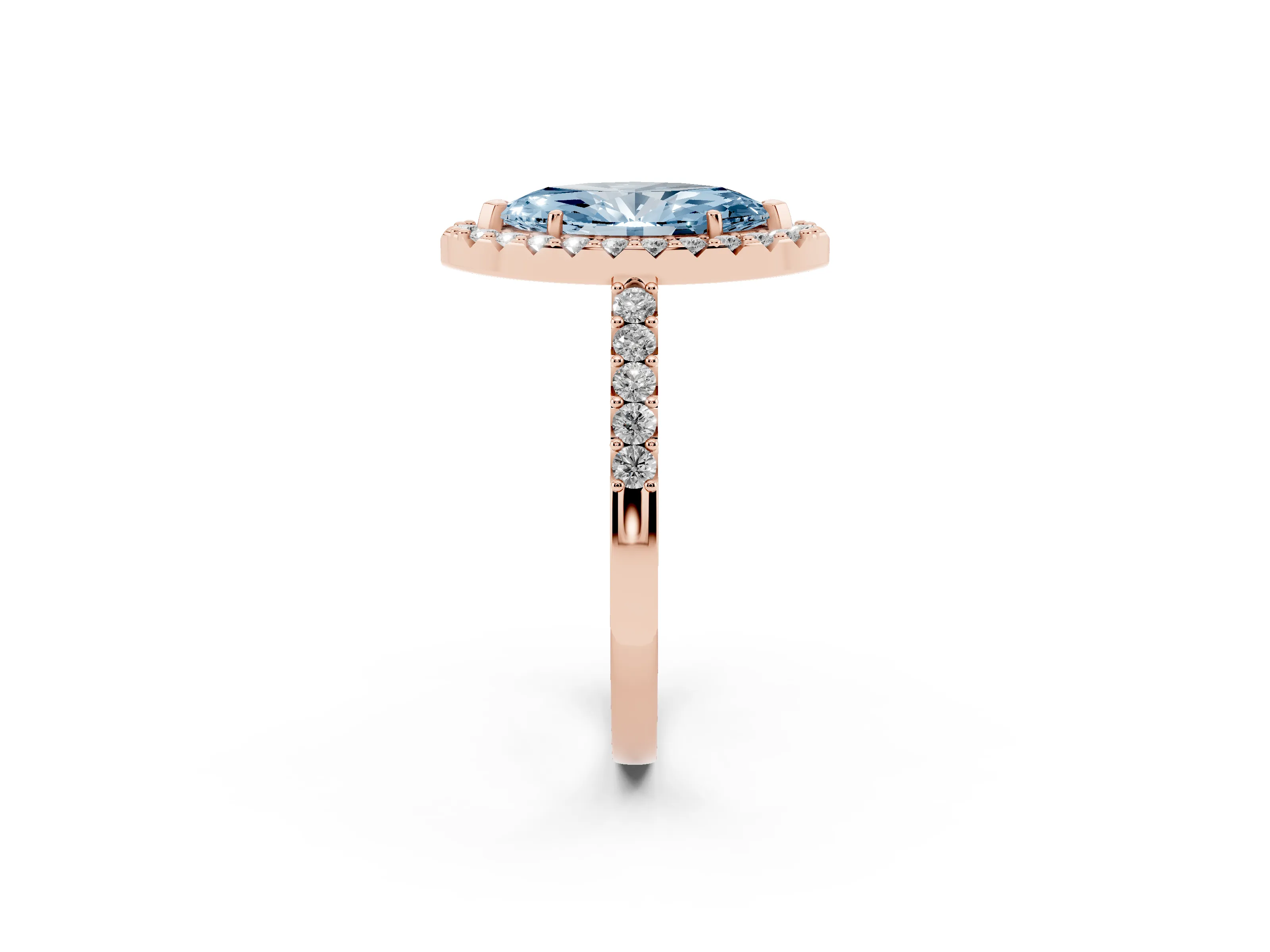 Fancy Blue Marquise Cut Diamond Halo Pavé Solitaire Ring Set in Rose gold with Prong-Set Center Stone
