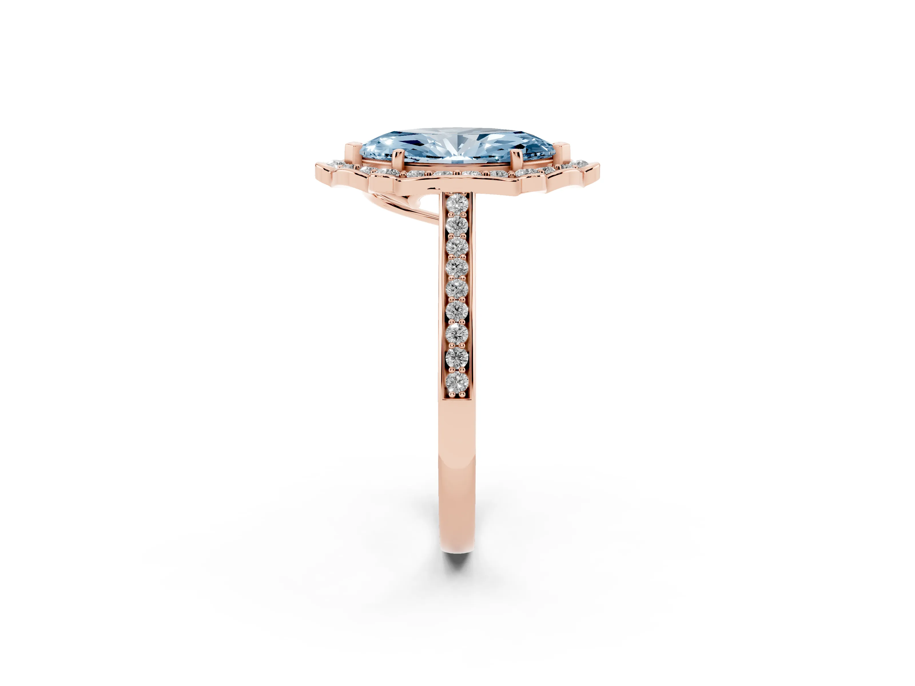 Fancy Blue Marquise Cut Diamond Halo Ring Set in Rose gold with Pavé-Lined Shoulders and Prong Setting