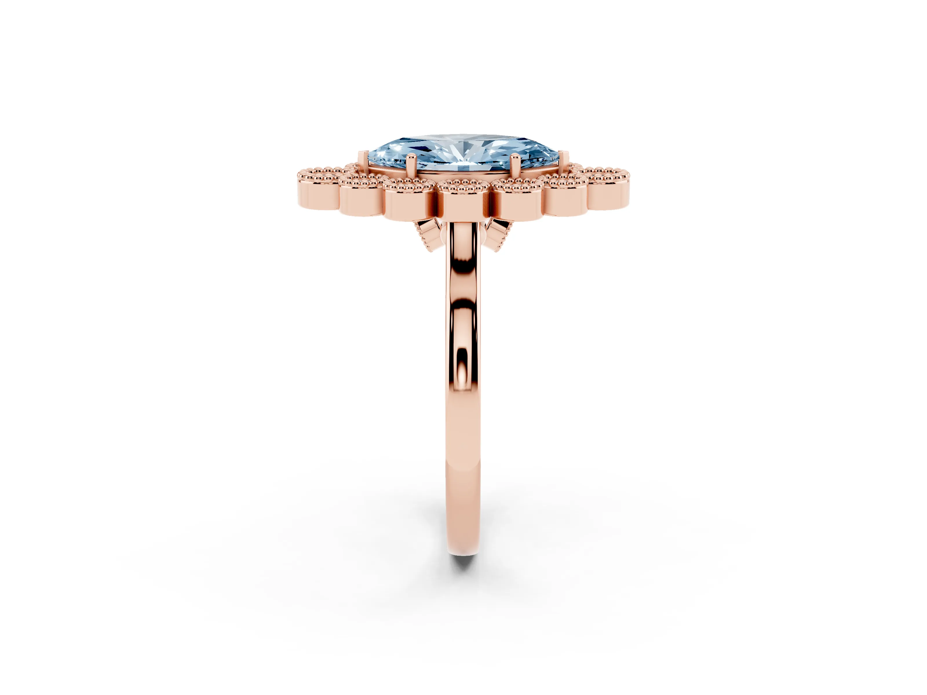 Fancy Blue Marquise Cut Diamond Cluster Halo Ring Set in Rose gold with Milgrain Bezel Accents and Plain Band