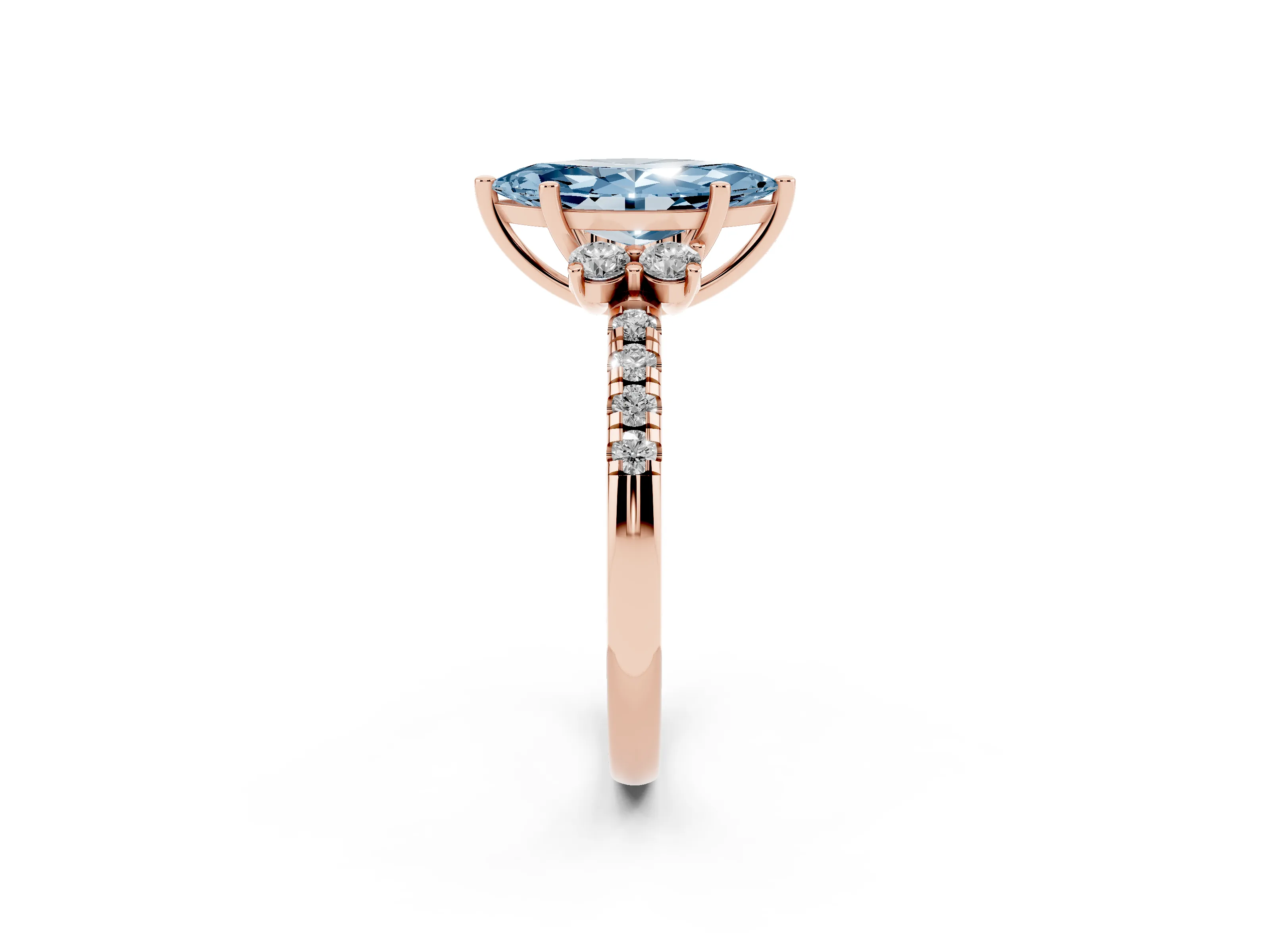 Fancy Blue Marquise Cut Diamond Three-Stone Pavé Ring Set in Rose gold with Prong Setting