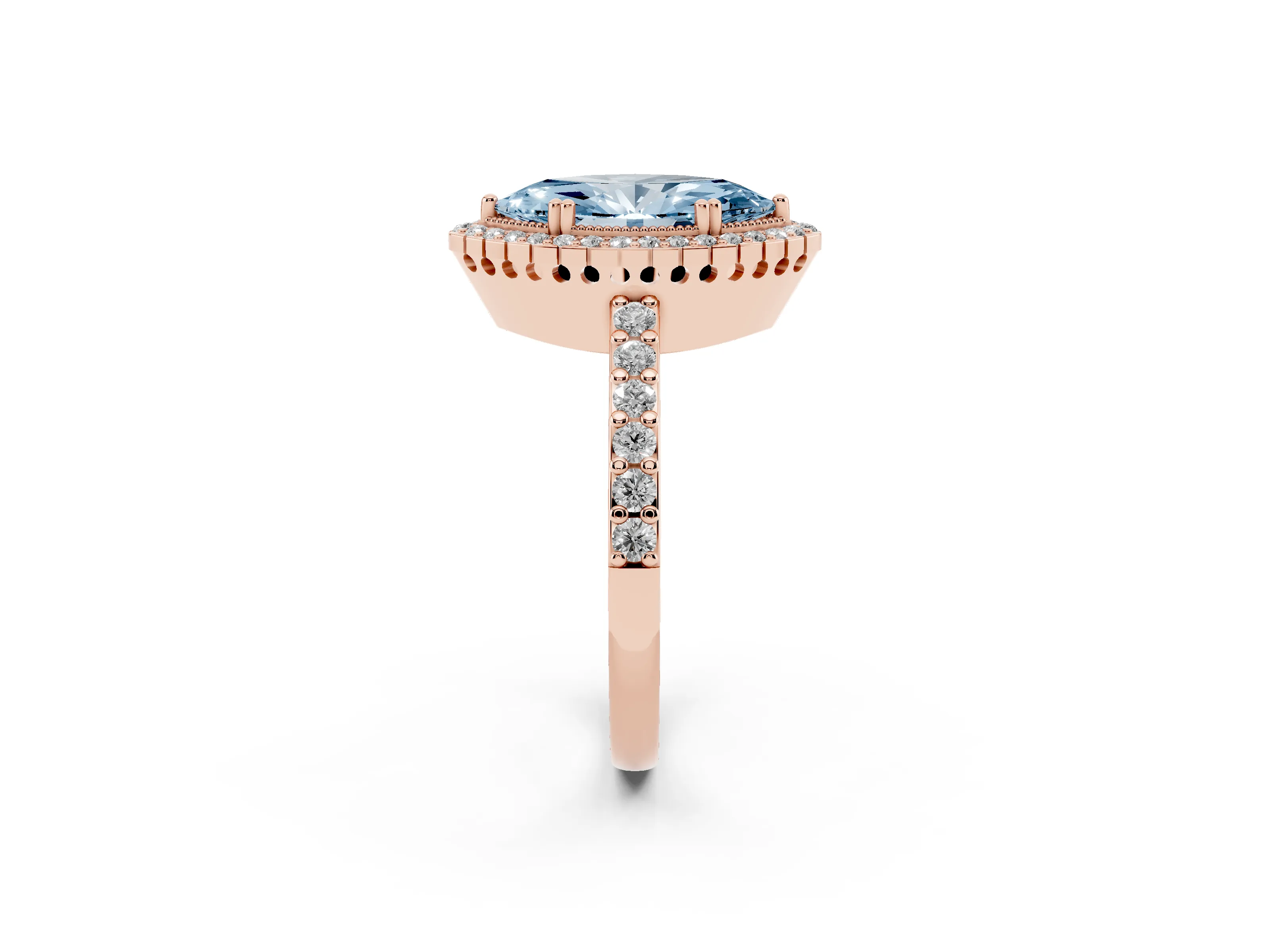 Fancy Blue Marquise Cut Diamond Halo Engagement Ring Set in Rose gold with Milgrain Detail and Pavé Band
