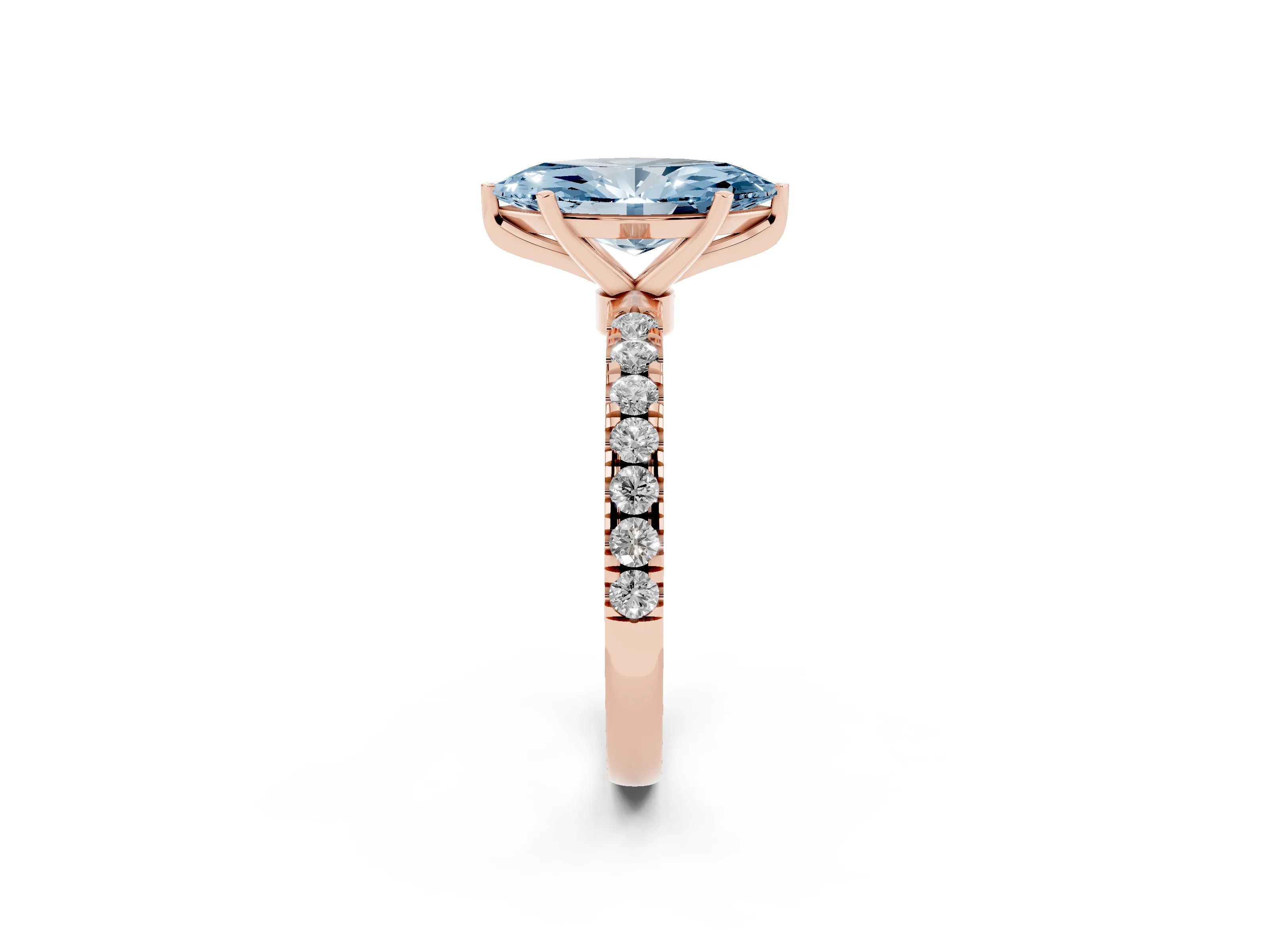 Fancy Blue Marquise Cut Diamond Solitaire Ring Set in Rose gold with Pavé Accents and Prong Setting