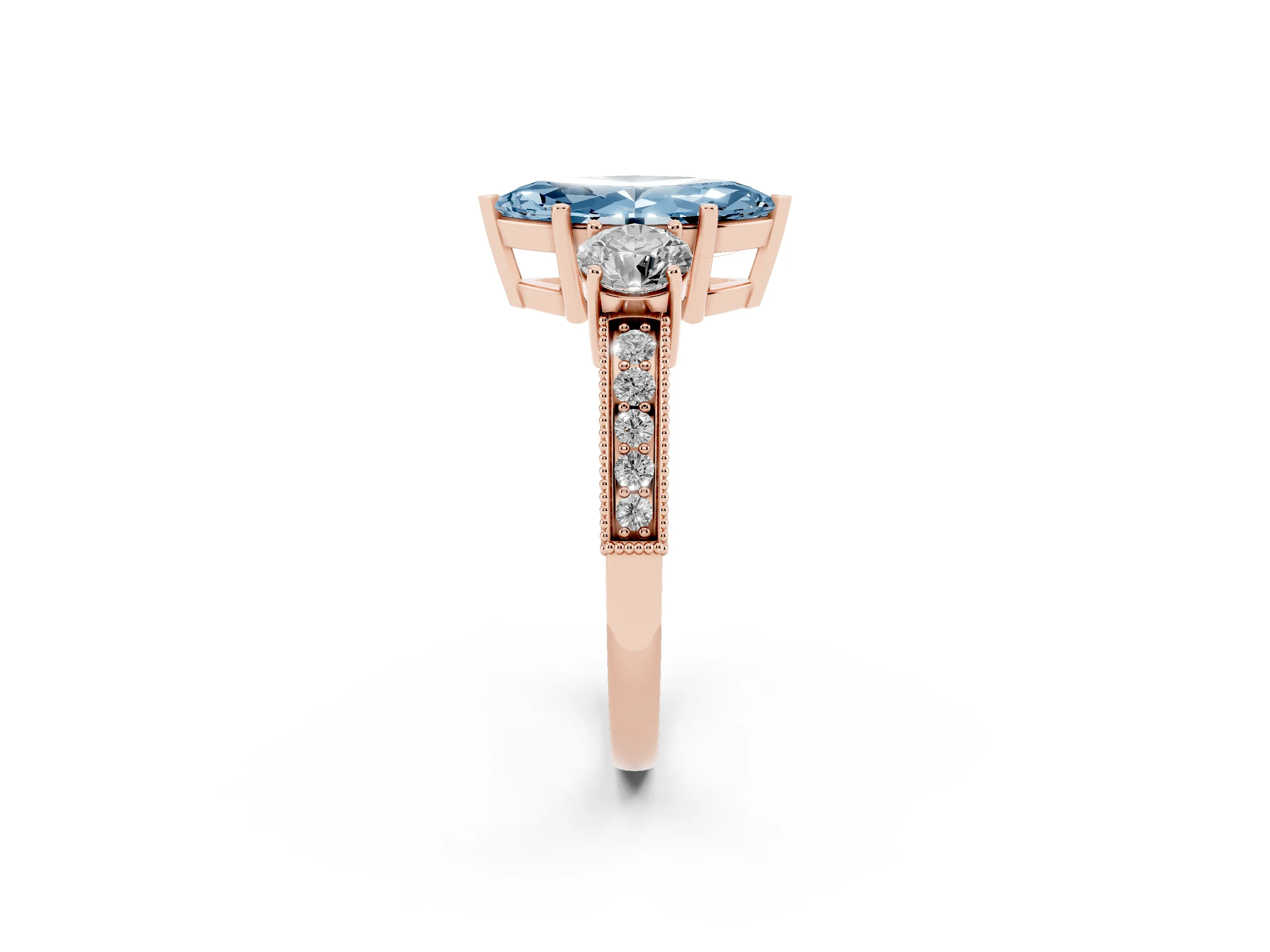 Fancy Blue Marquise Cut Diamond Three-Stone Ring Set in Rose gold with Round Side Stones and Pavé Band