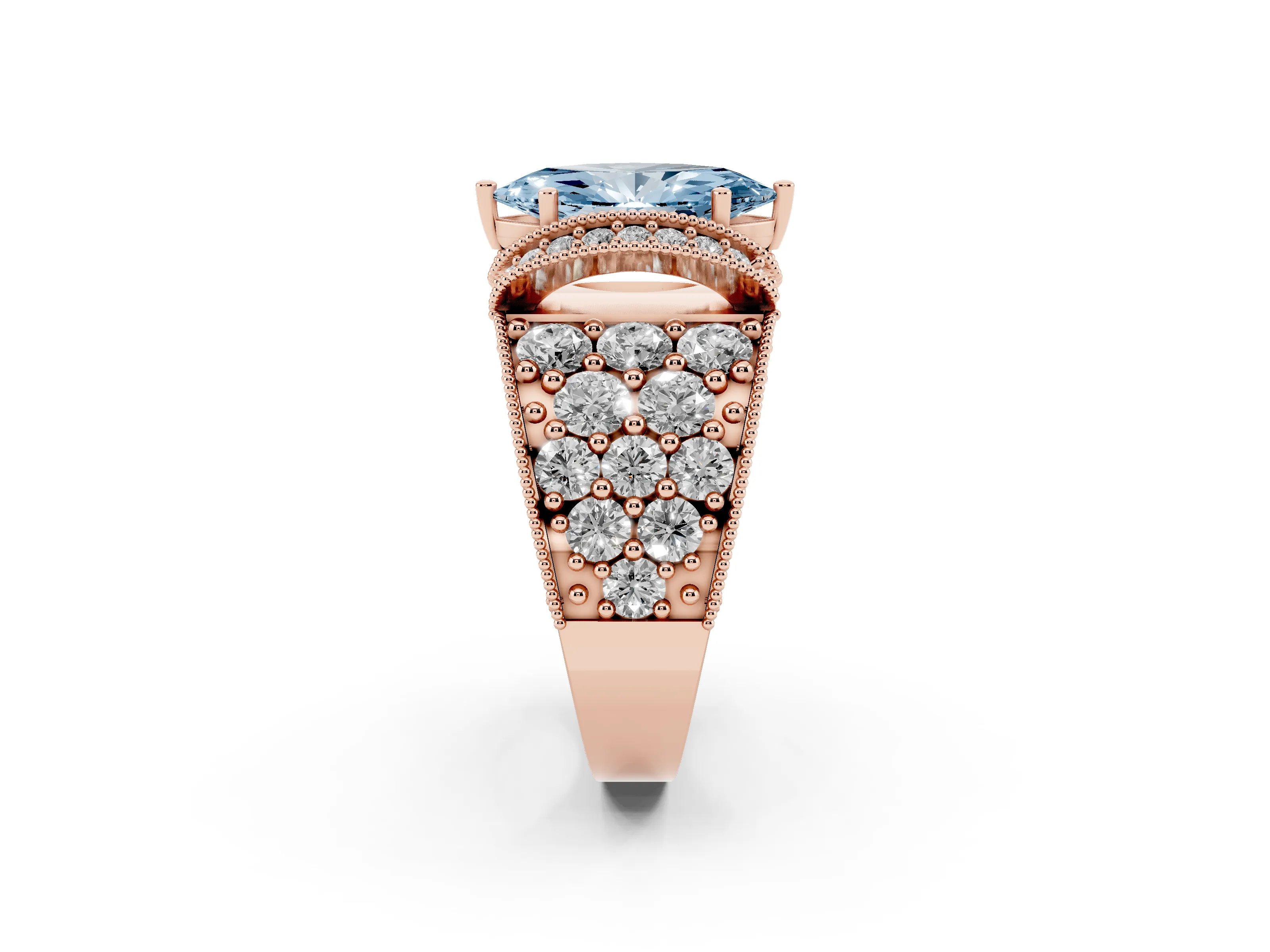 Fancy Blue Marquise Cut Diamond Milgrain Halo Pavé Engagement Ring Set in Rose gold with Prong Setting