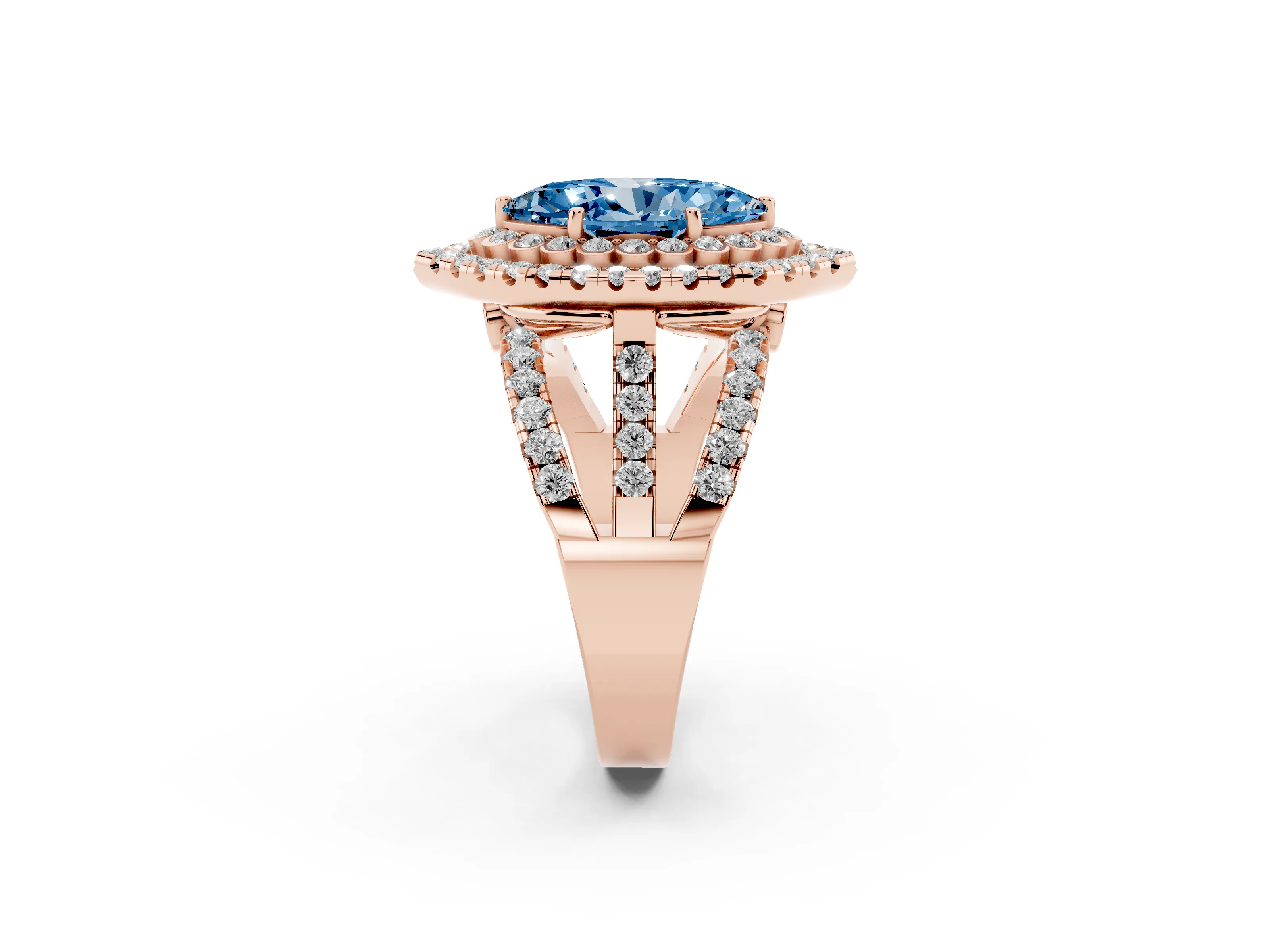 Fancy Blue Marquise Cut Diamond Double Halo Ring Set in Rose gold with Round Pavé Split Shank