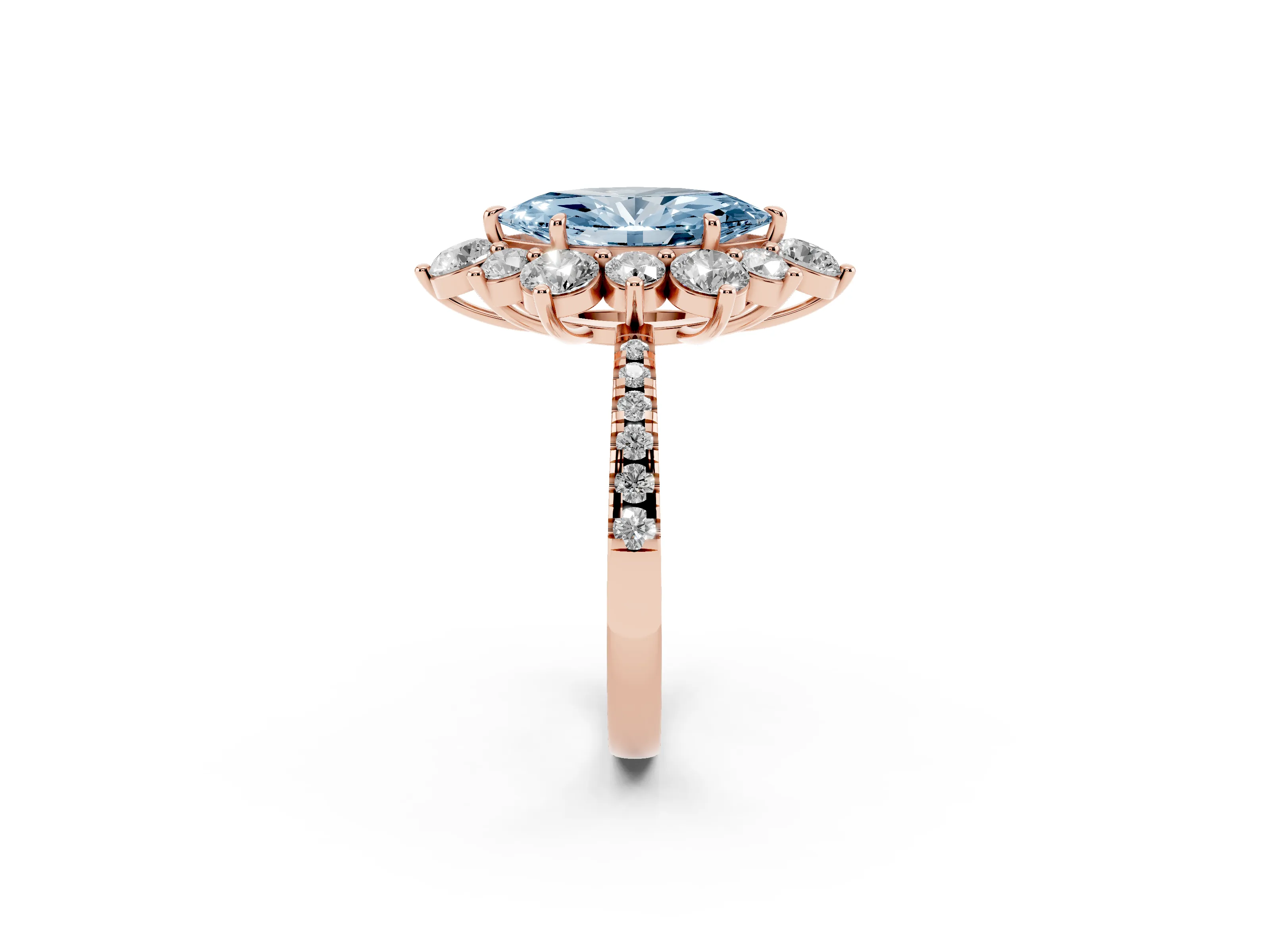 Fancy Blue Marquise Cut Diamond Floral Halo Ring Set in Rose gold with Round Pavé Band and Prong Setting