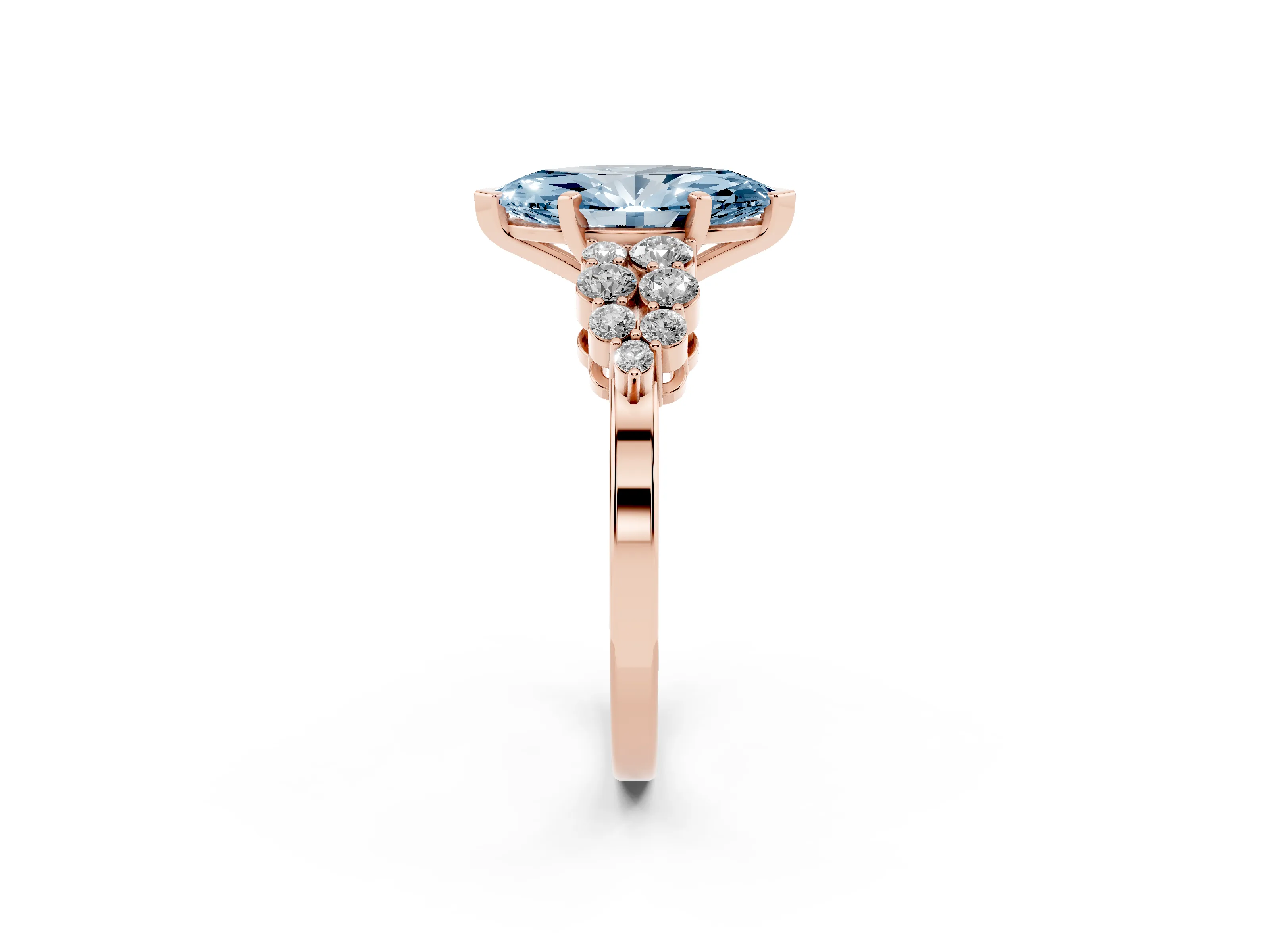 Fancy Blue Marquise Cut Diamond Cluster Engagement Ring Set in Rose gold with Pavé Band and Prong Setting