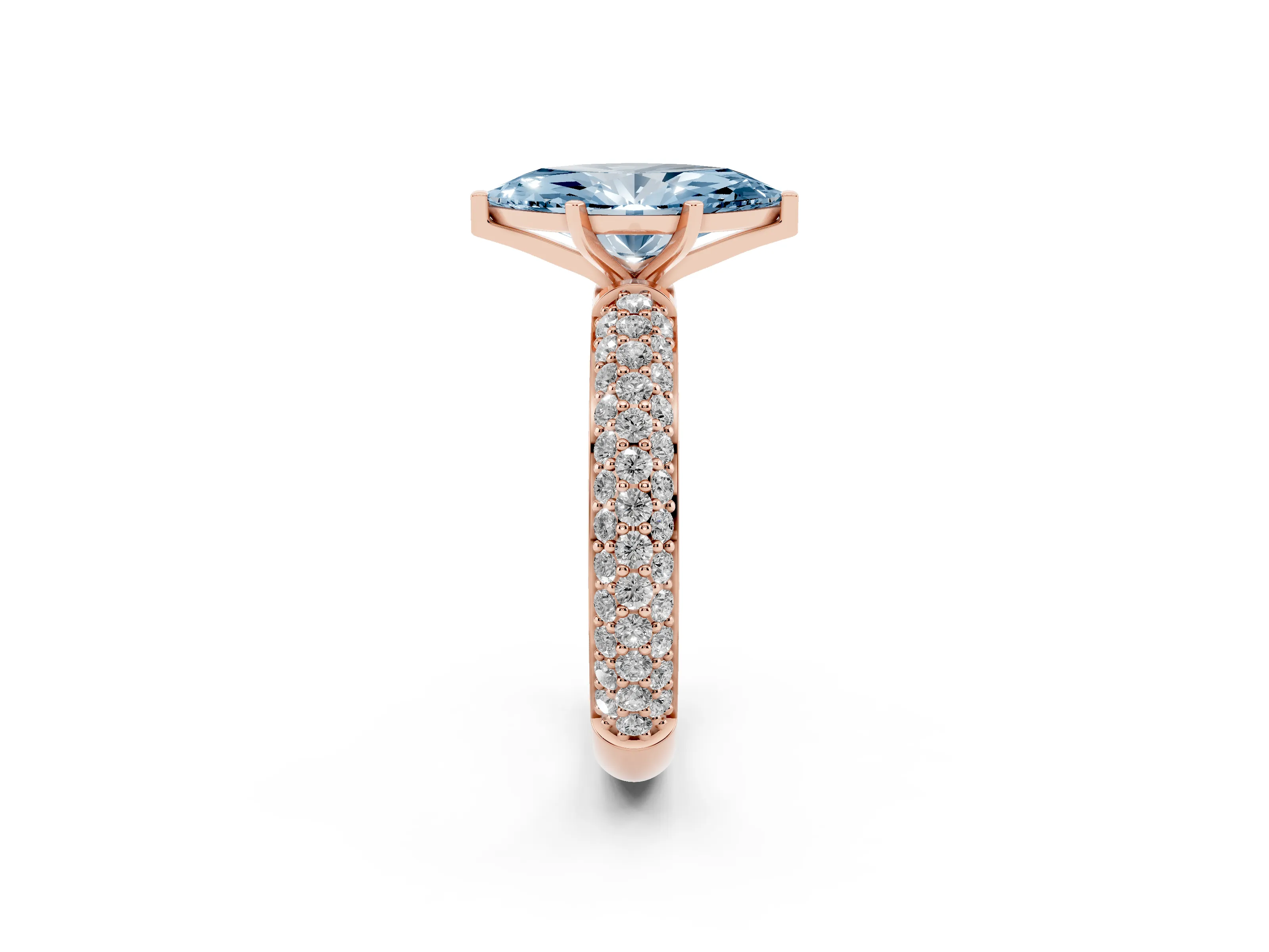 Fancy Blue Marquise Cut Diamond Solitaire Ring Set in Rose gold with Prong Setting and Pavé-Set Band