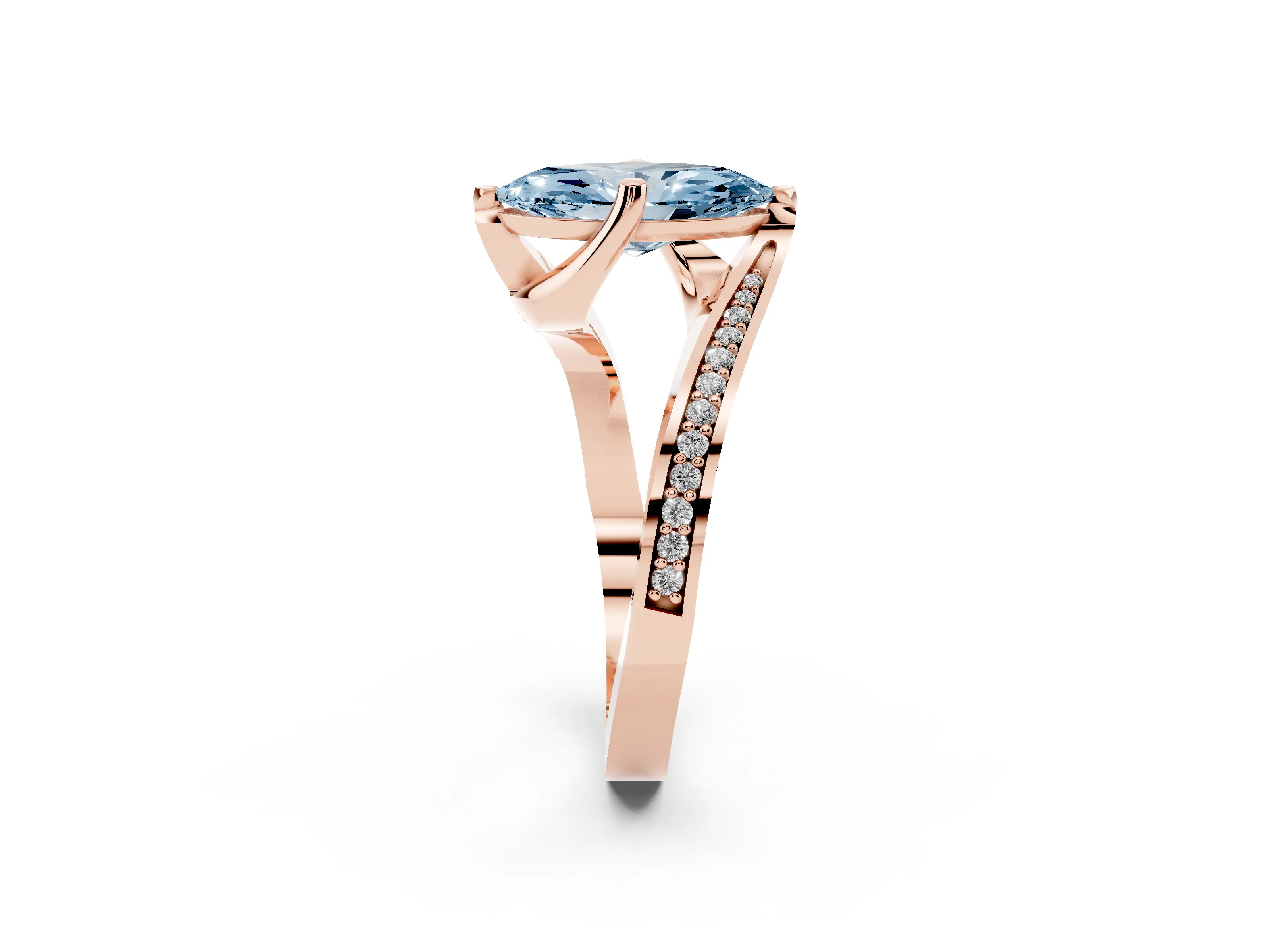 Fancy Blue Marquise Cut Diamond Solitaire Ring Set in Rose gold with Intertwined Pavé Twist Band