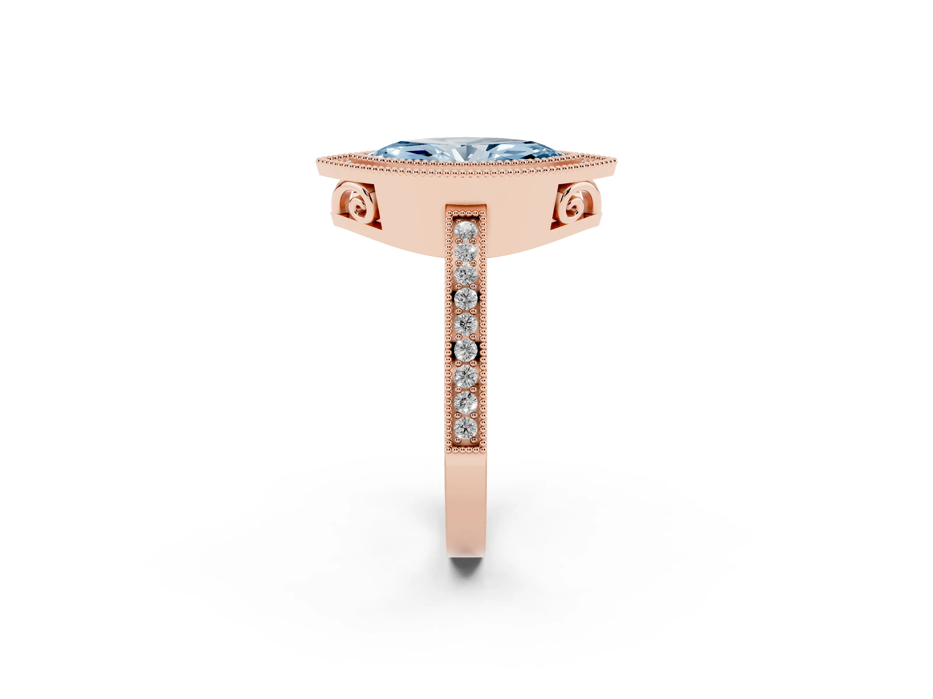 Fancy Blue Marquise Cut Diamond Halo Ring Set in Rose gold with Pavé Band and Milgrain-Edged Prongs