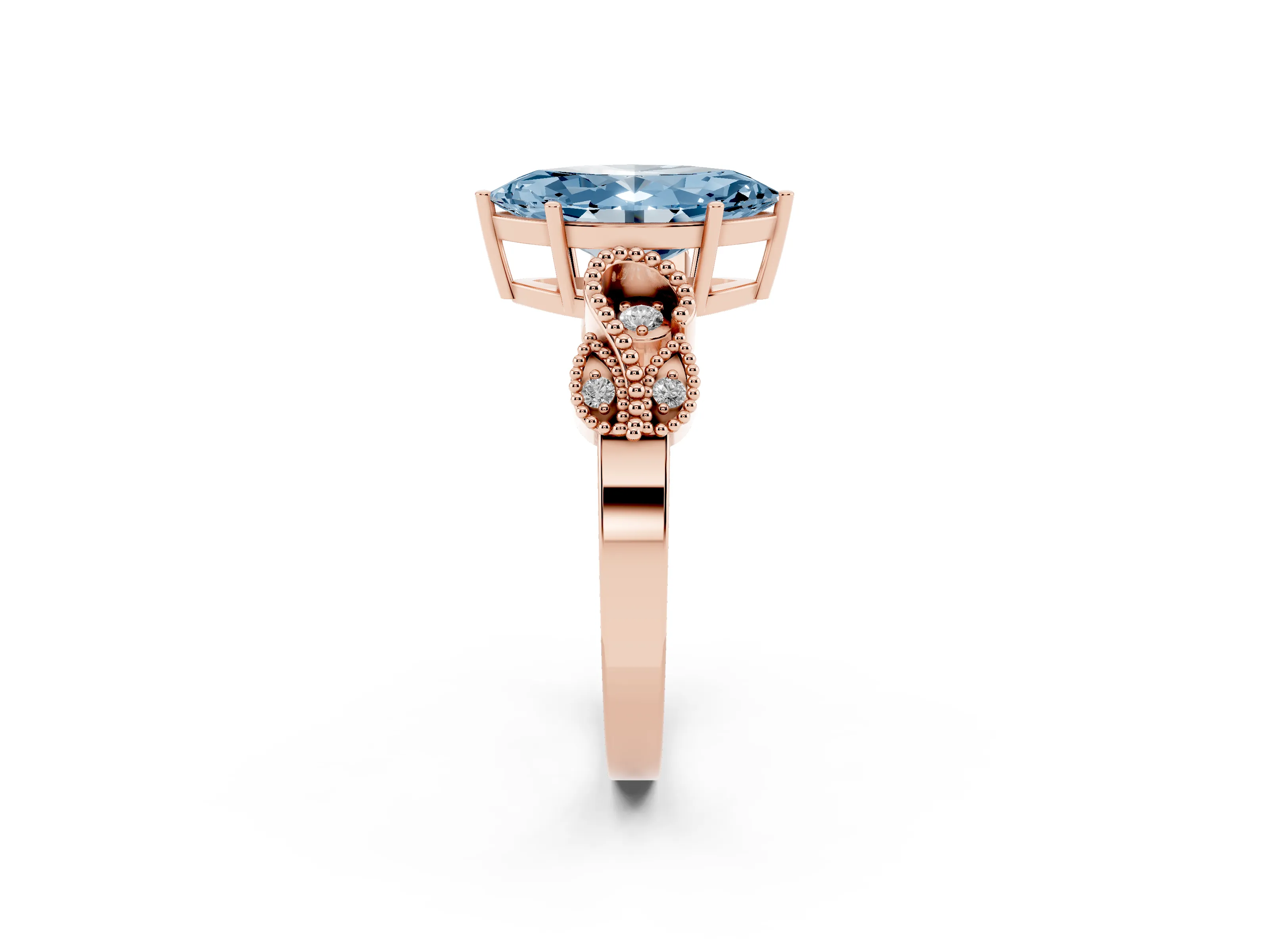 Fancy Blue Marquise Cut Diamond Milgrain Leaf Band Solitaire Ring Set in Rose gold with Accent Stones and Prong Setting
