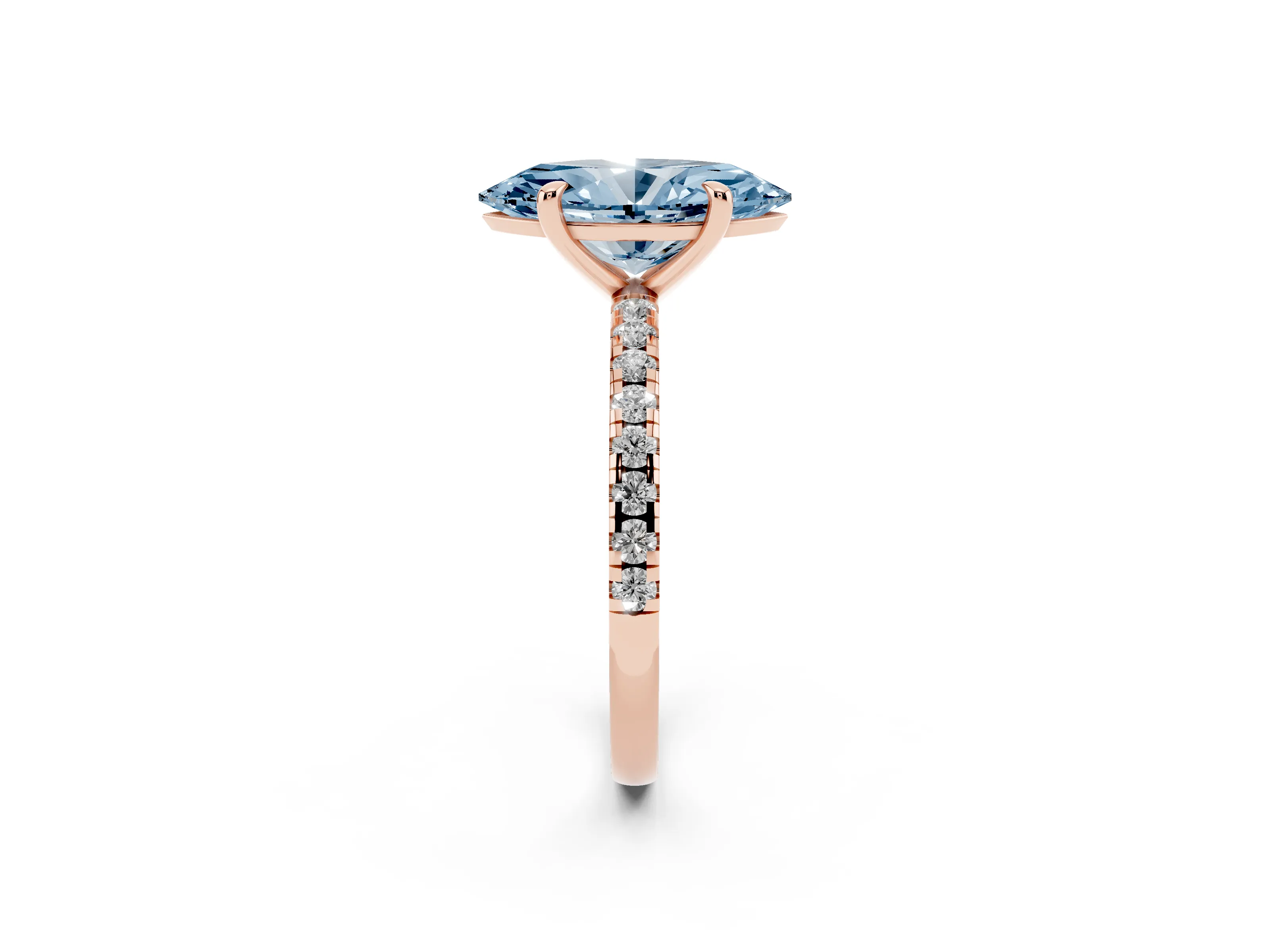 Fancy Blue Marquise Cut Diamond Brilliant Solitaire Ring Set in Rose gold with Pavé Band and Prong Setting