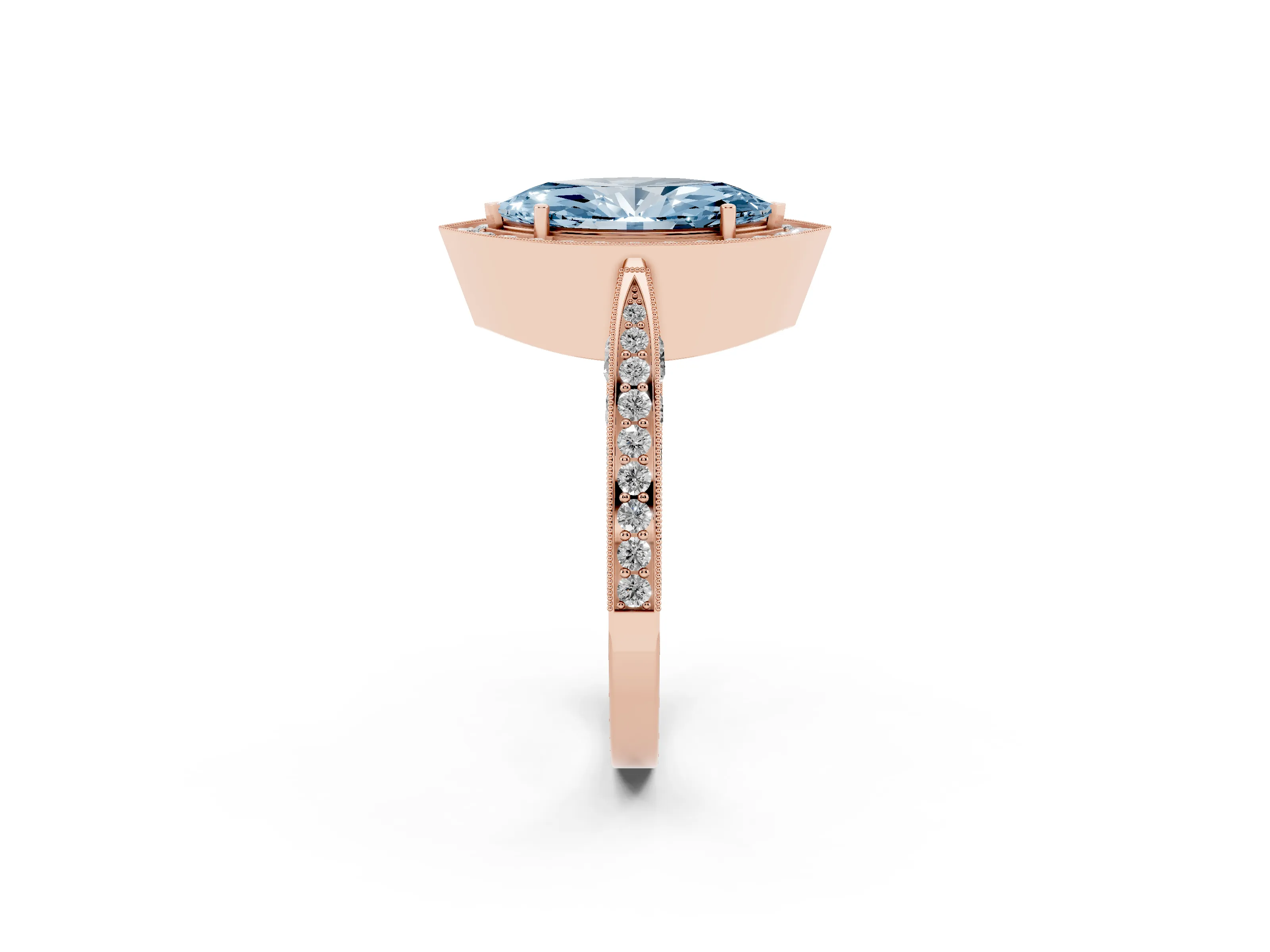 Fancy Blue Marquise Cut Diamond Halo Engagement Ring Set in Rose gold with Accent Split Shank Band