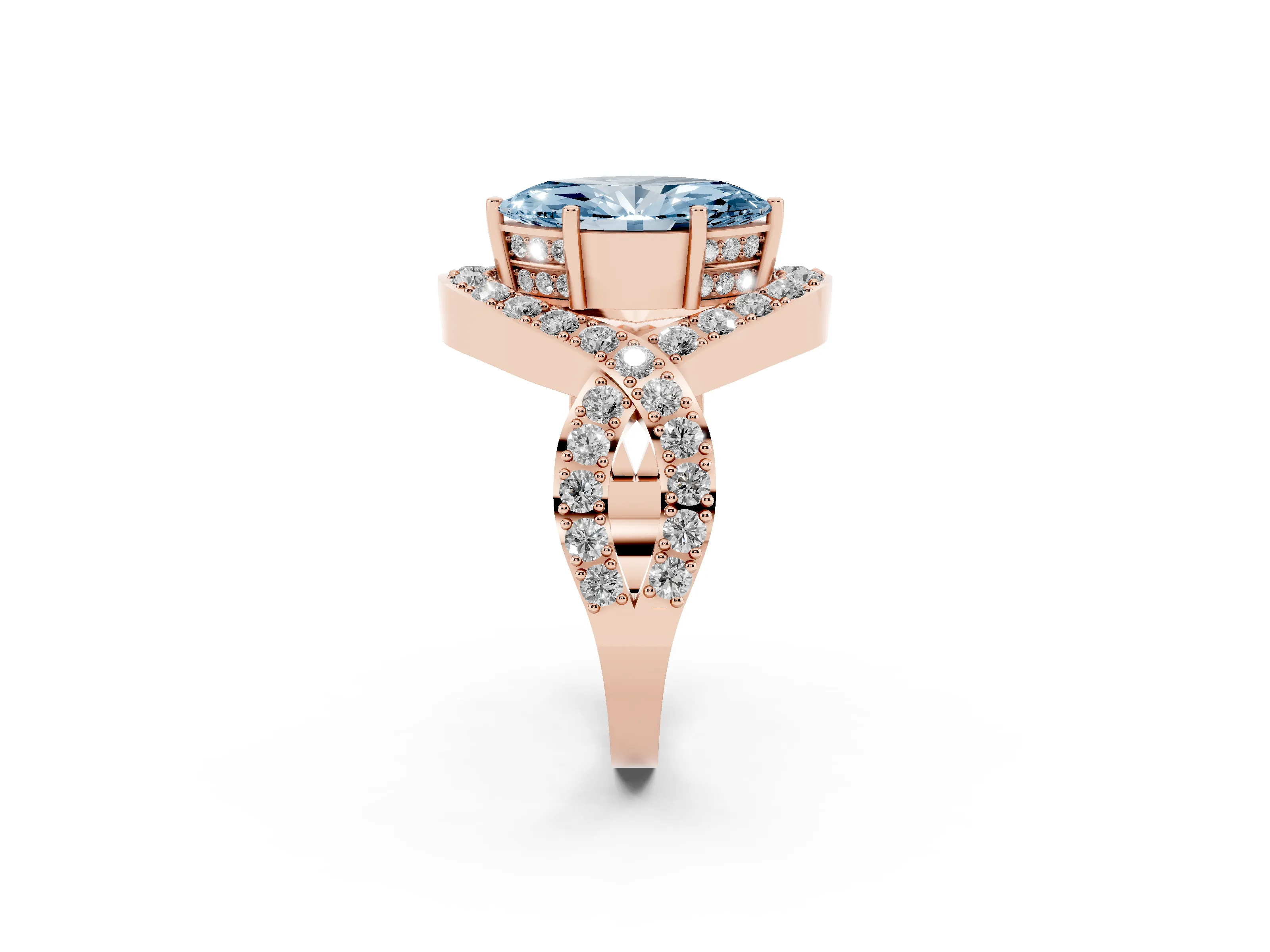 Fancy Blue Marquise Cut Diamond Solitaire Twist Band Pavé Engagement Ring Set in Rose gold