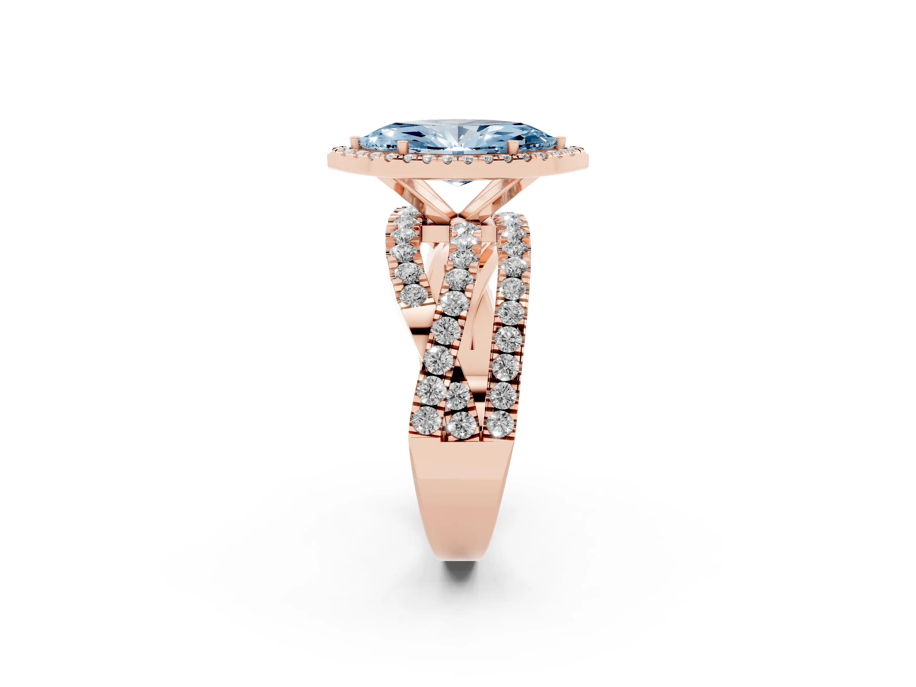 Fancy Blue Marquise Cut Diamond Halo Ring Set in Rose gold with Round Crossover Split Shank and Prong Setting