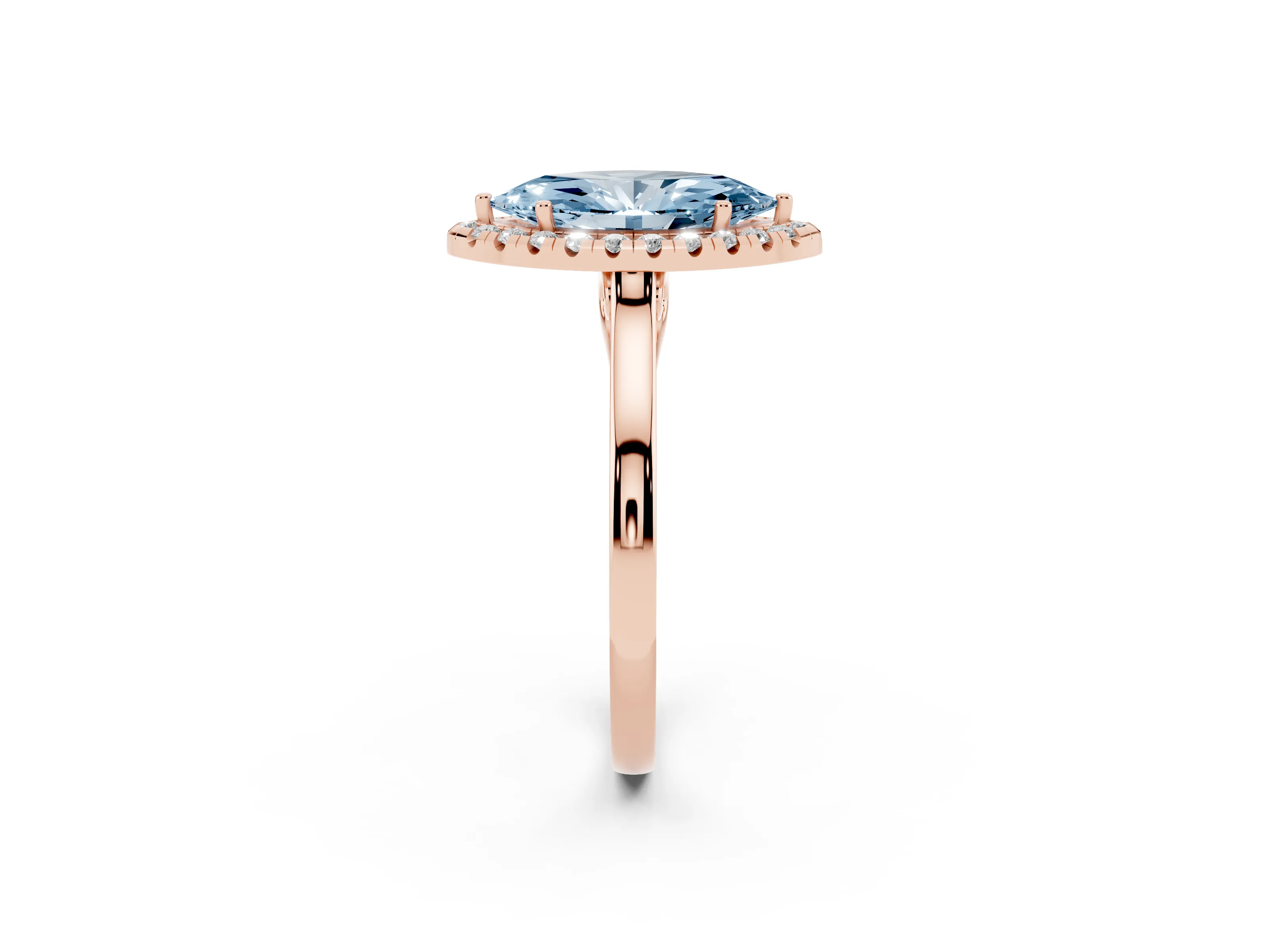 Fancy Blue Marquise Cut Halo Round Diamond Solitaire Ring Set in Rose gold with Pavé Band and Prong Setting