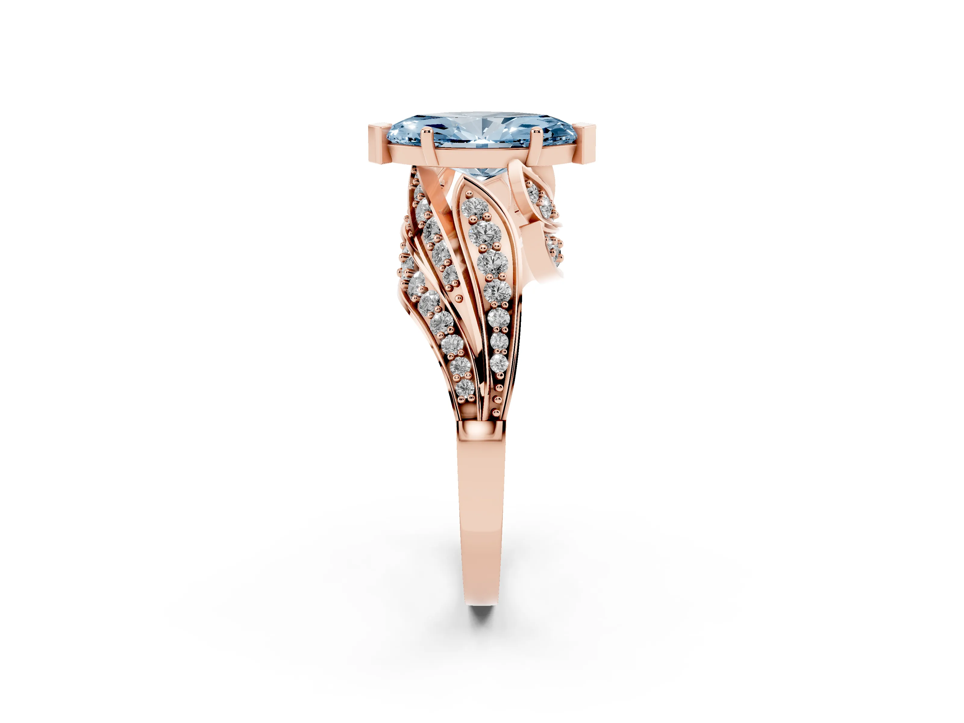 Fancy Blue Marquise Cut Diamond Solitaire Ring Set in Rose gold with Layered Twist Pavé Band