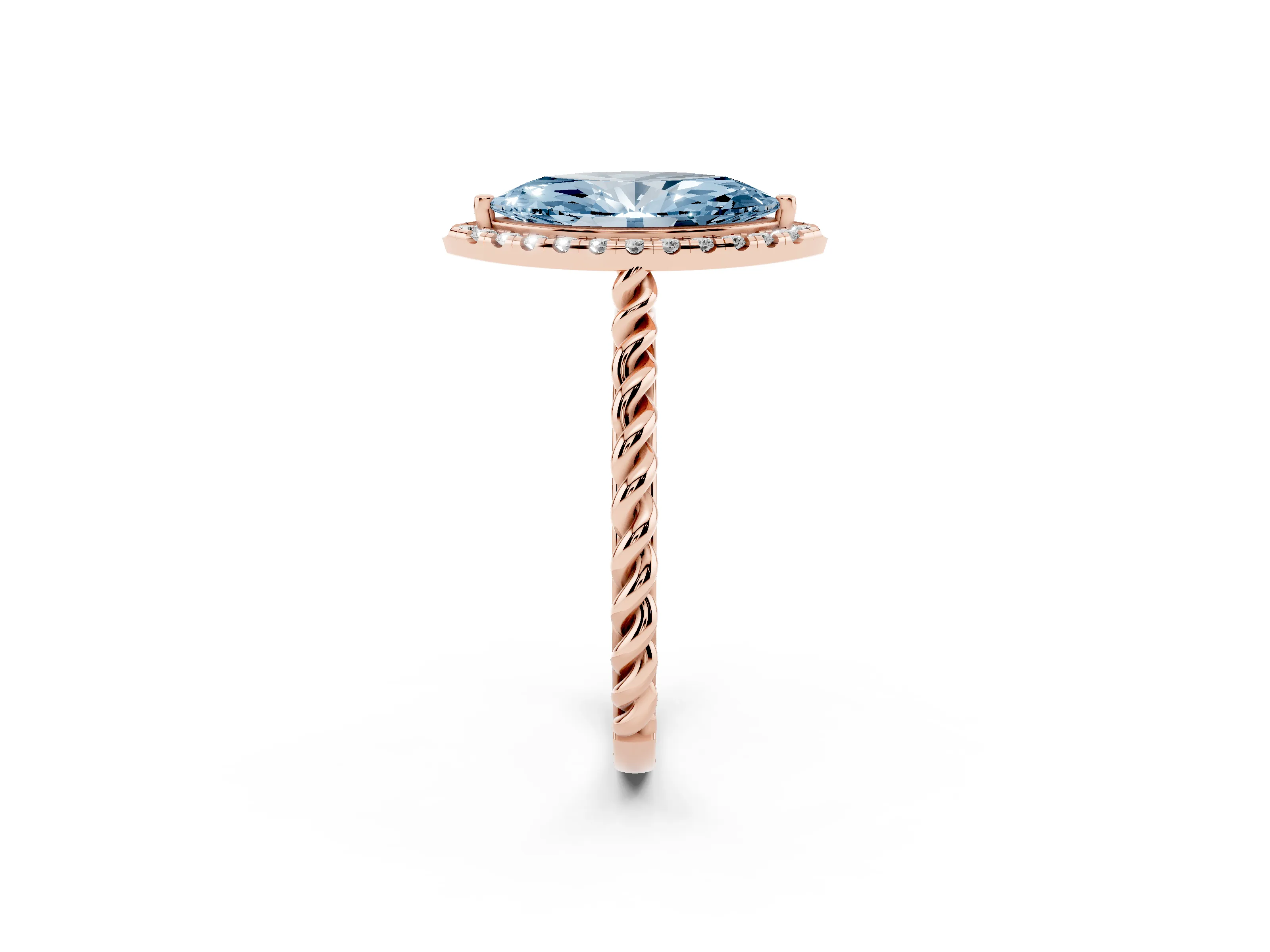 Fancy Blue Marquise Cut Diamond Halo Ring Set in Rose gold with Plain Twisted Band