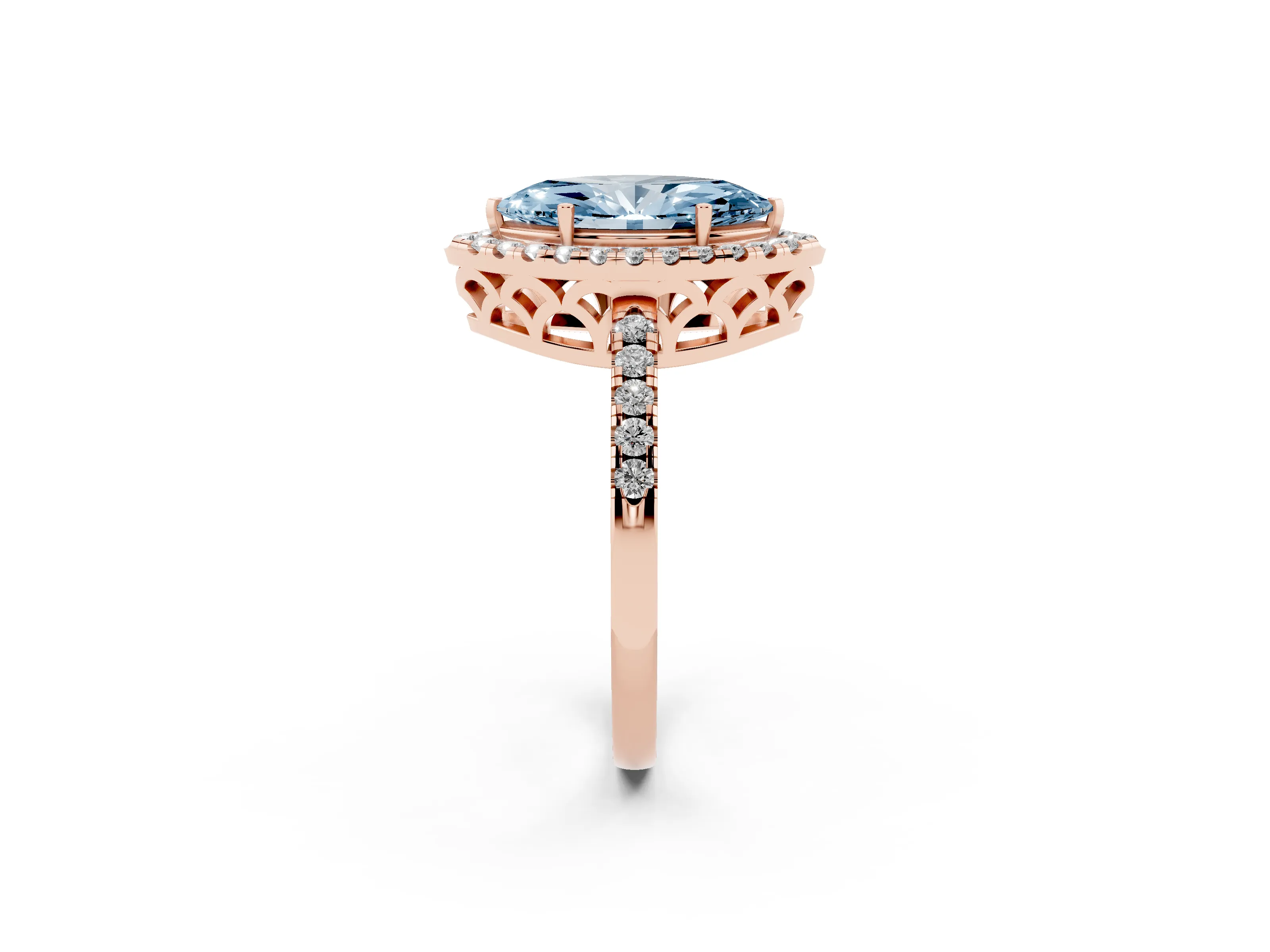 Fancy Blue Marquise Cut Diamond Pavé Band Halo Engagement Ring Set in Rose gold with Prong Setting