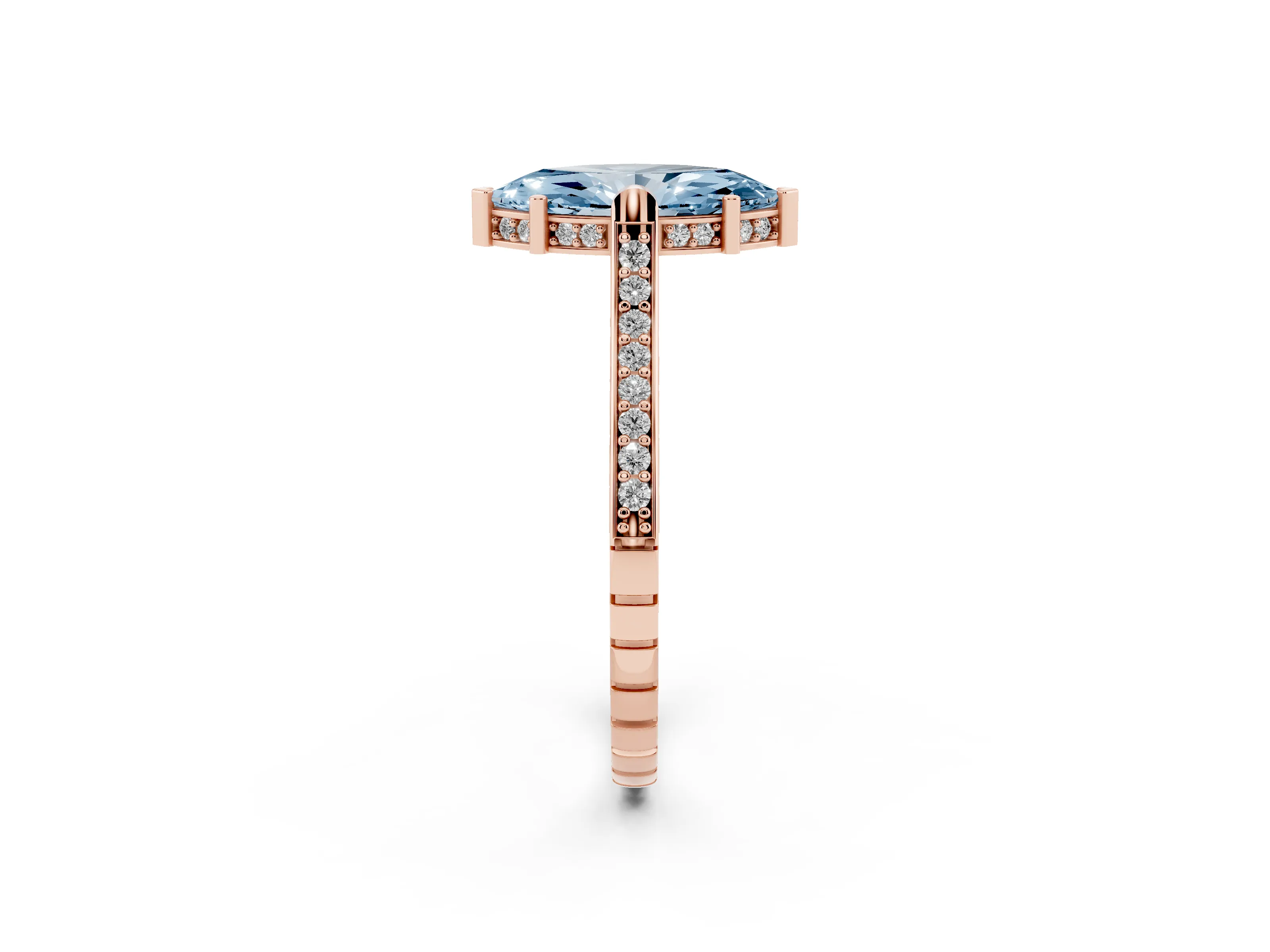 Fancy Blue Marquise Cut Diamond Solitaire Ring Set in Rose gold with Channel Set Band and Bezel Prong Setting