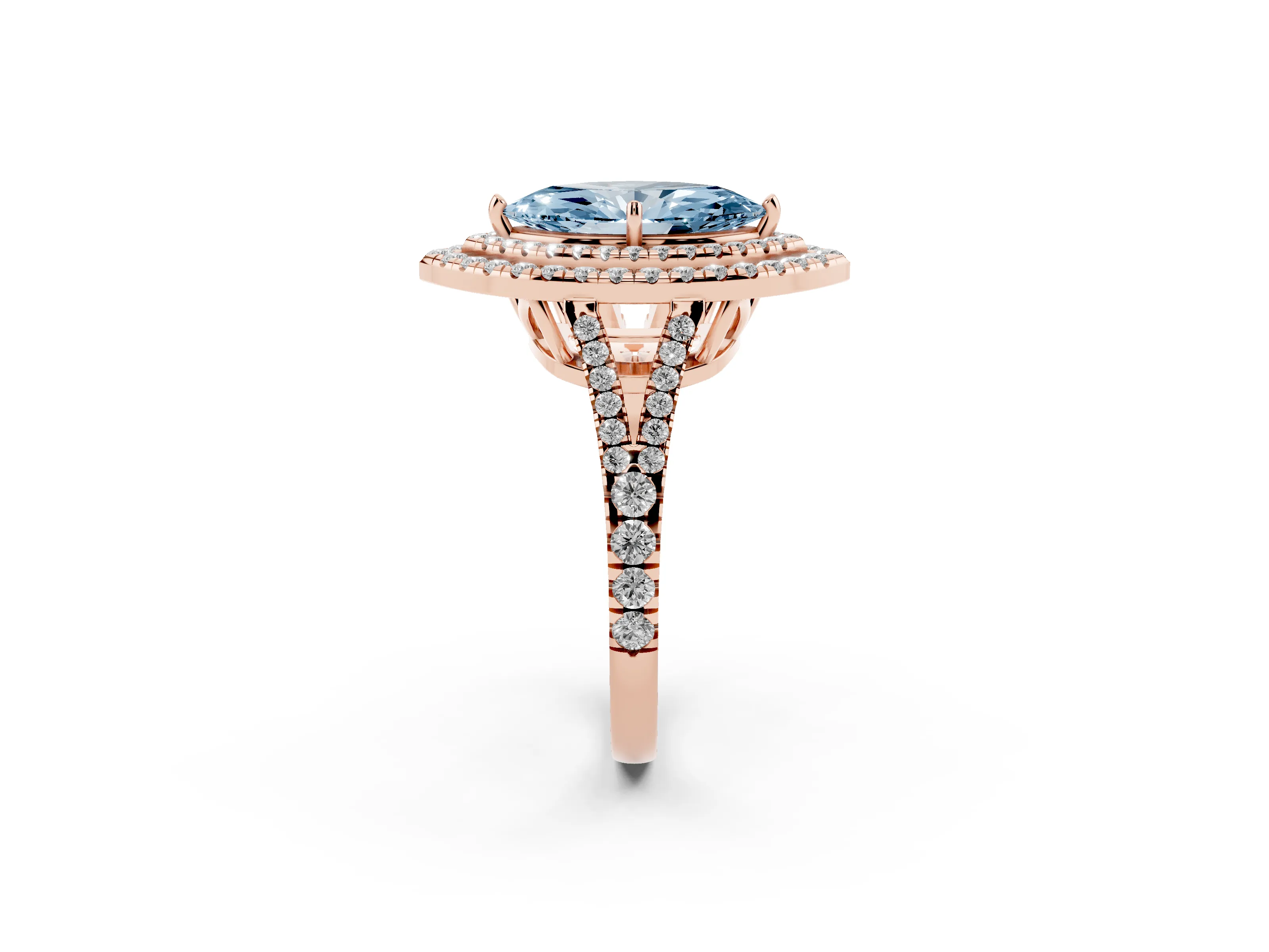 Fancy Blue Marquise Cut Diamond Double Halo Ring Set in Rose gold with Pavé Band