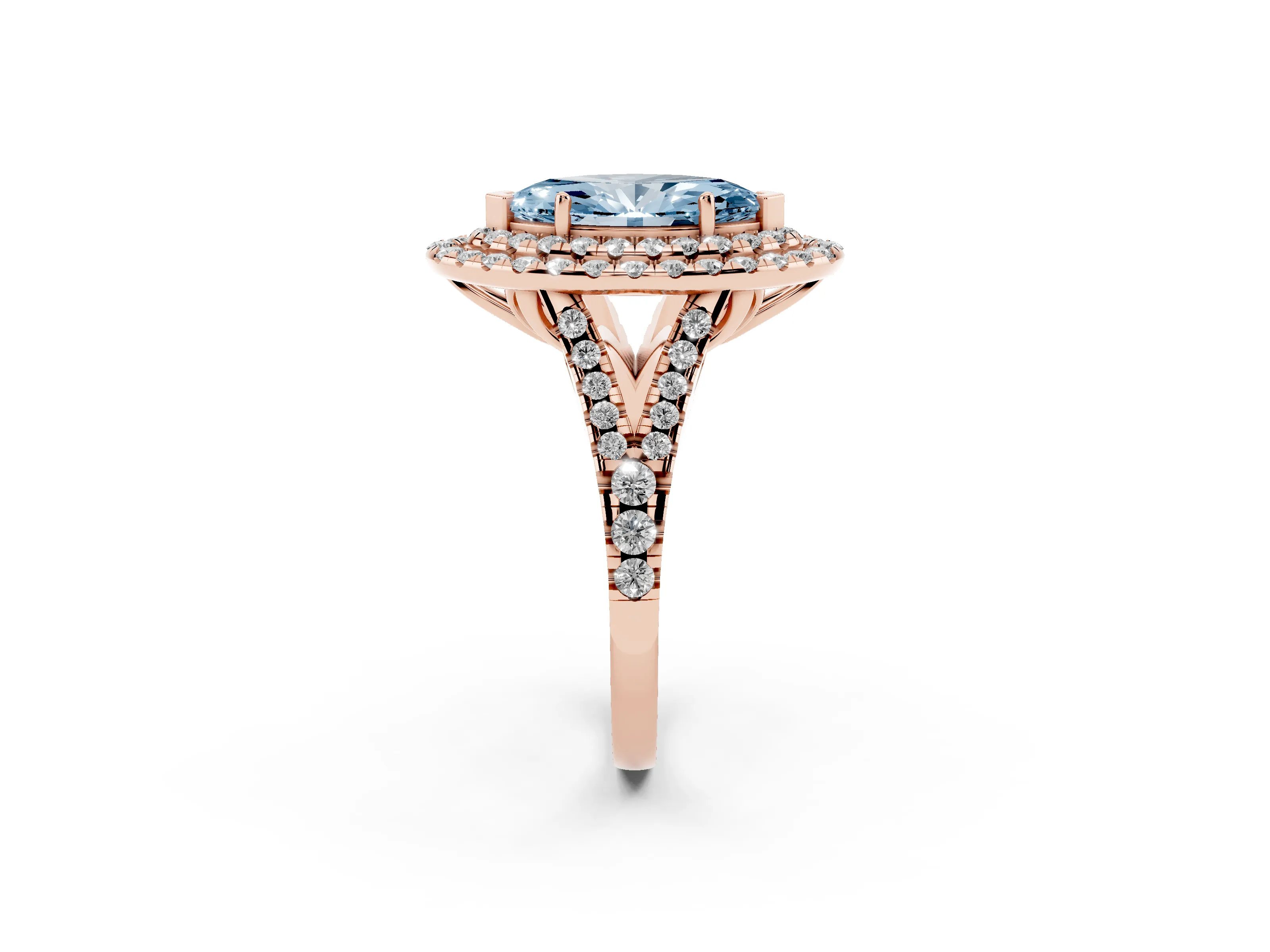 Fancy Blue Marquise Cut Diamond Double Halo Ring Set in Rose gold with Pavé Split Shank and Prong Setting