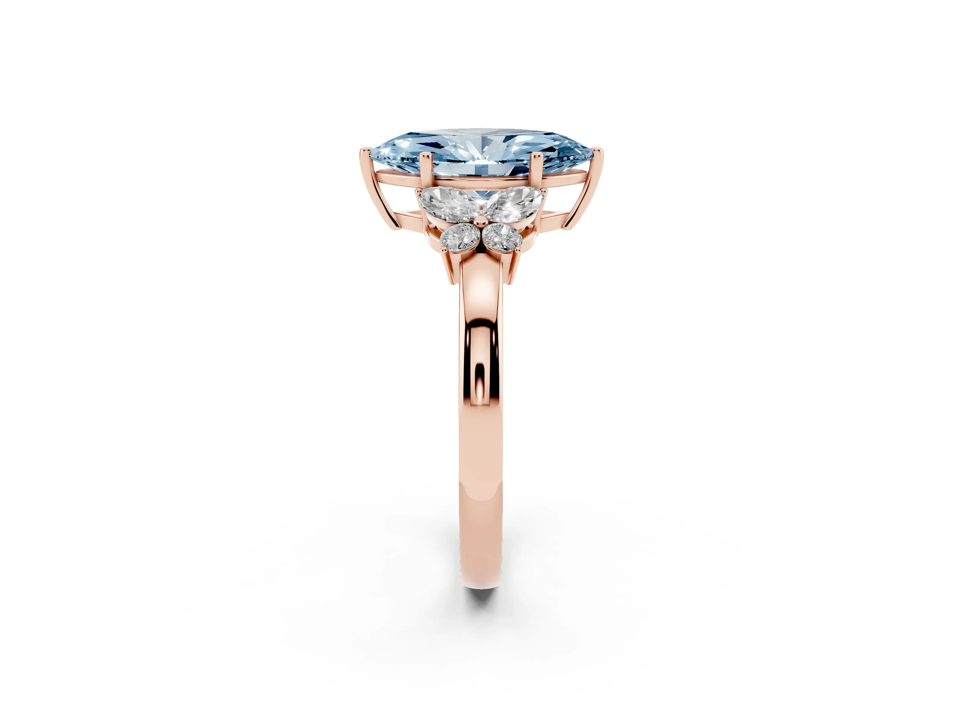 Fancy Blue Marquise Cut Diamond Solitaire Floral Ring Set in Rose gold with Marquise Petals and Prong Setting