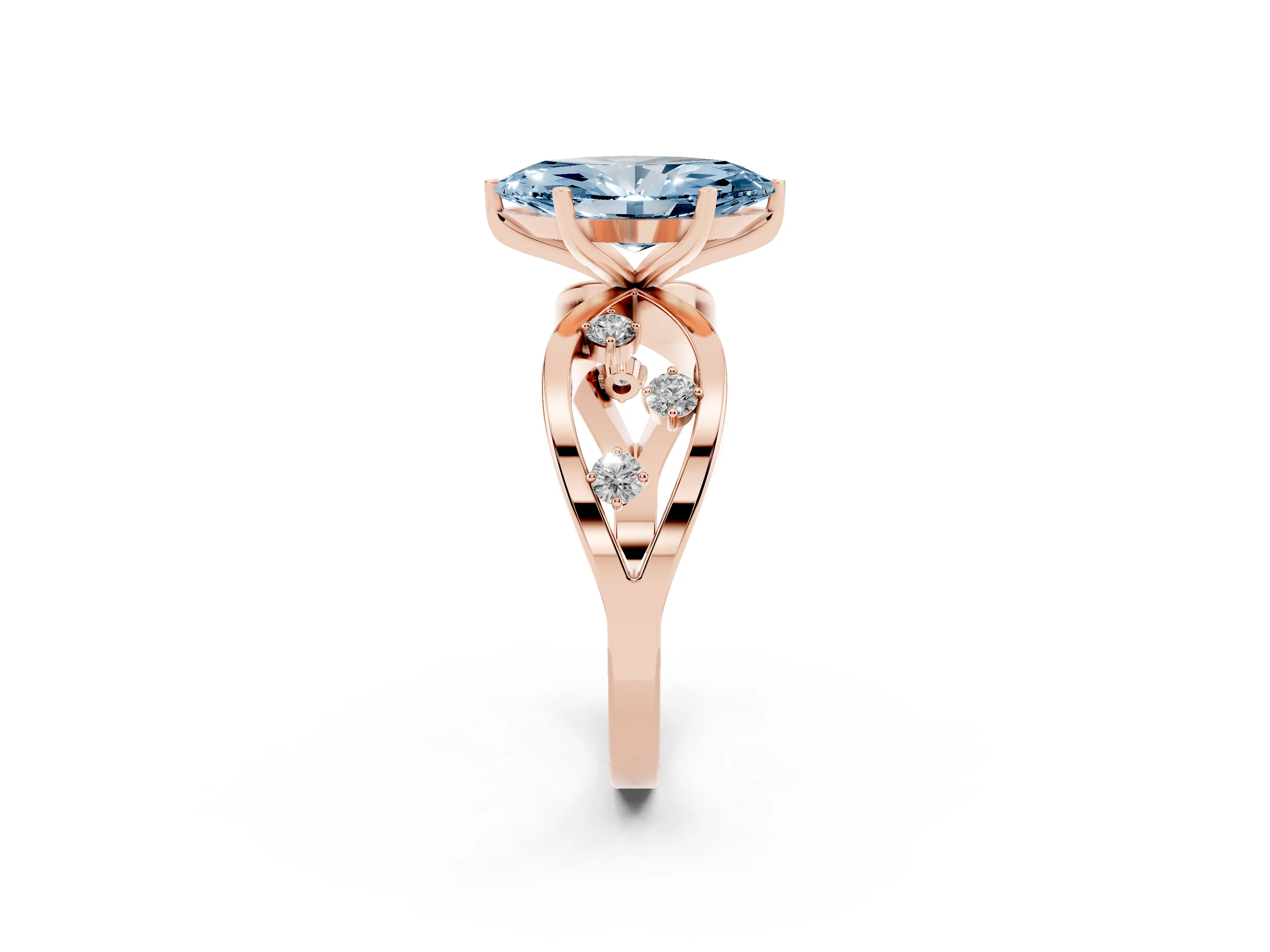 Fancy Blue Marquise Cut Diamond Solitaire Ring Set in Rose gold with Side Stones on Criss-Cross Band and Prong Setting