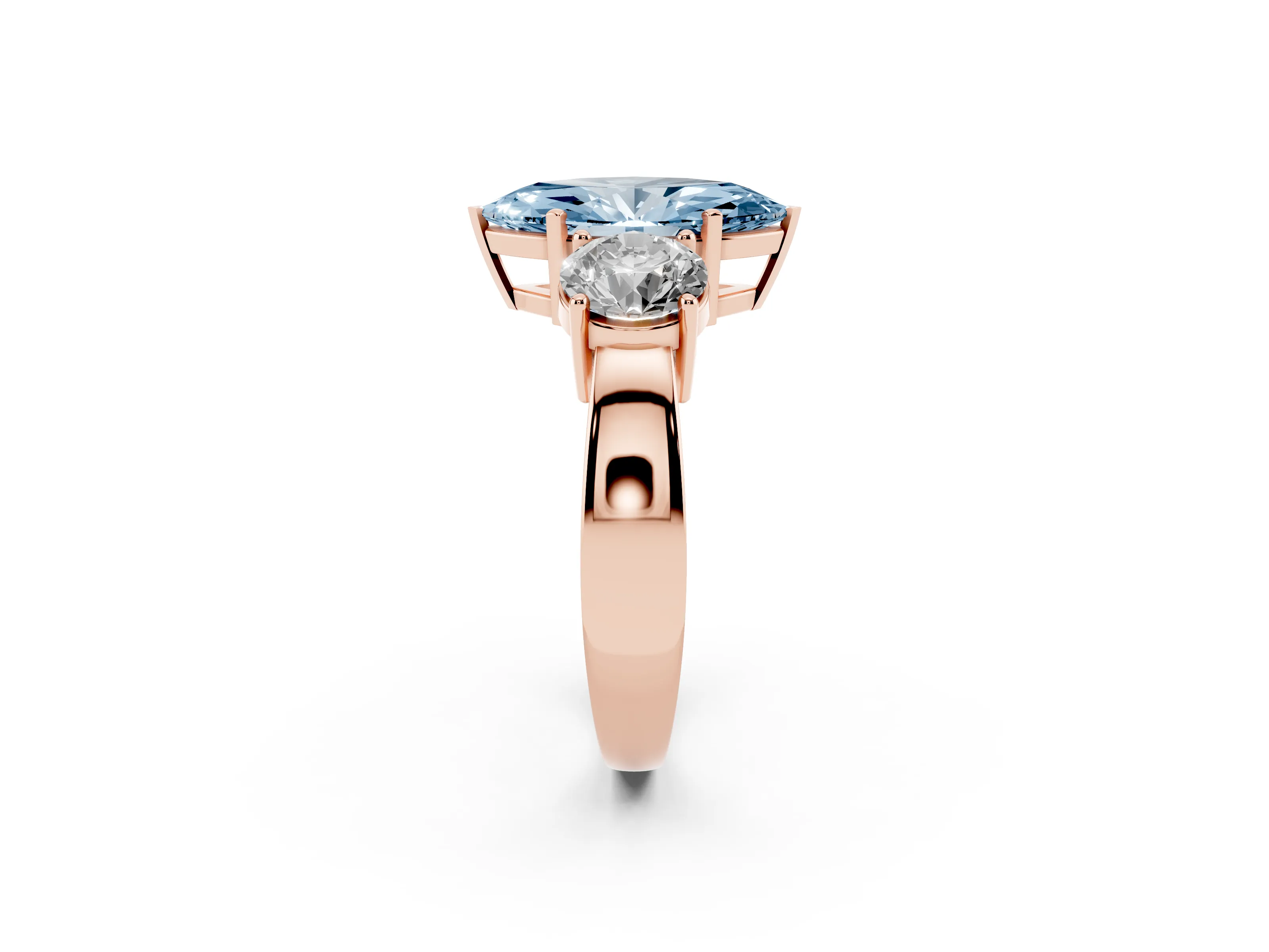 Fancy Blue Marquise Cut Diamond Three-Stone Ring Set in Rose gold with Round Side Stones and Classic Band