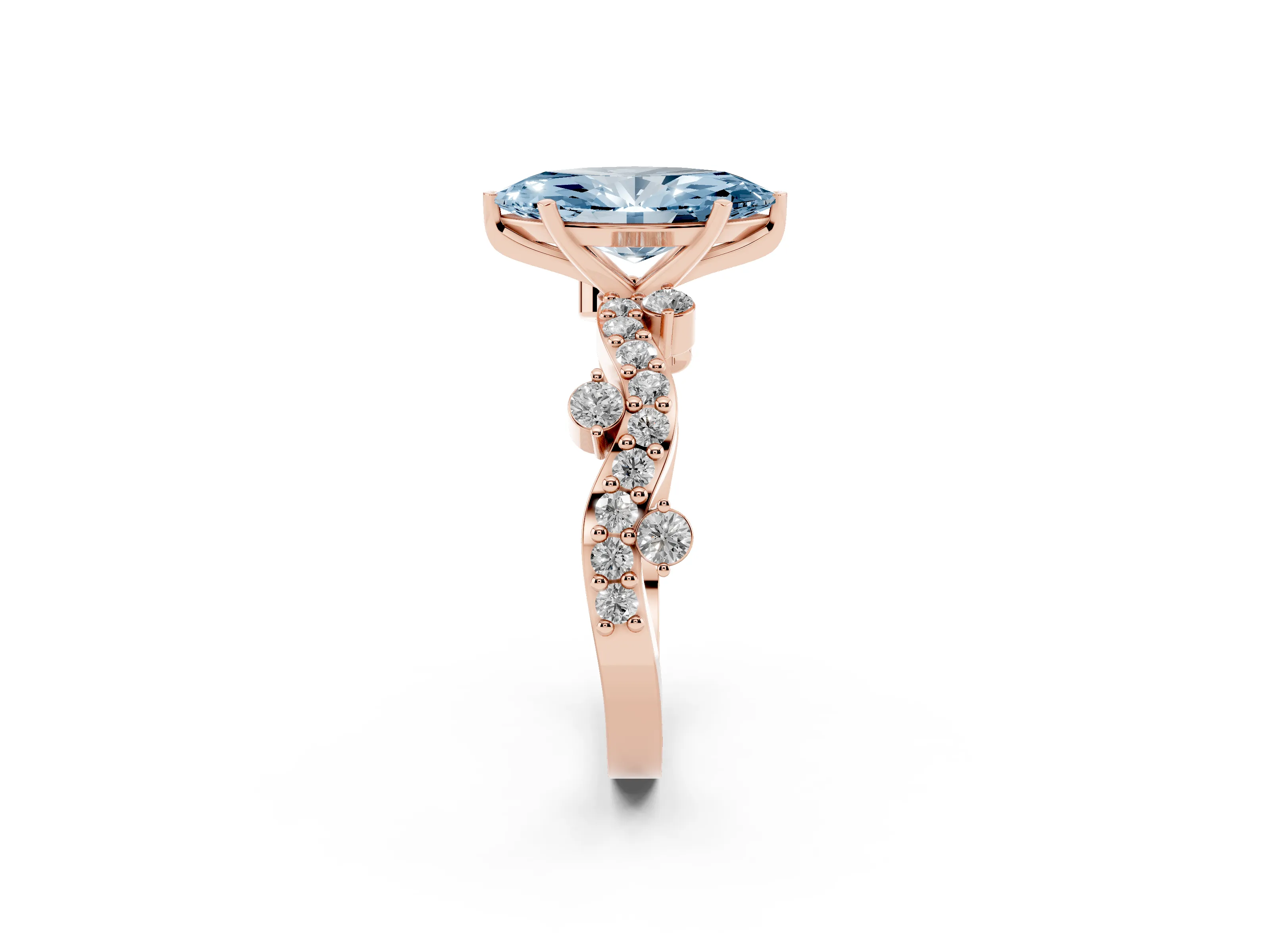 Fancy Blue Marquise Cut Diamond Solitaire Twisted Band Set in Rose gold with Pavé Setting