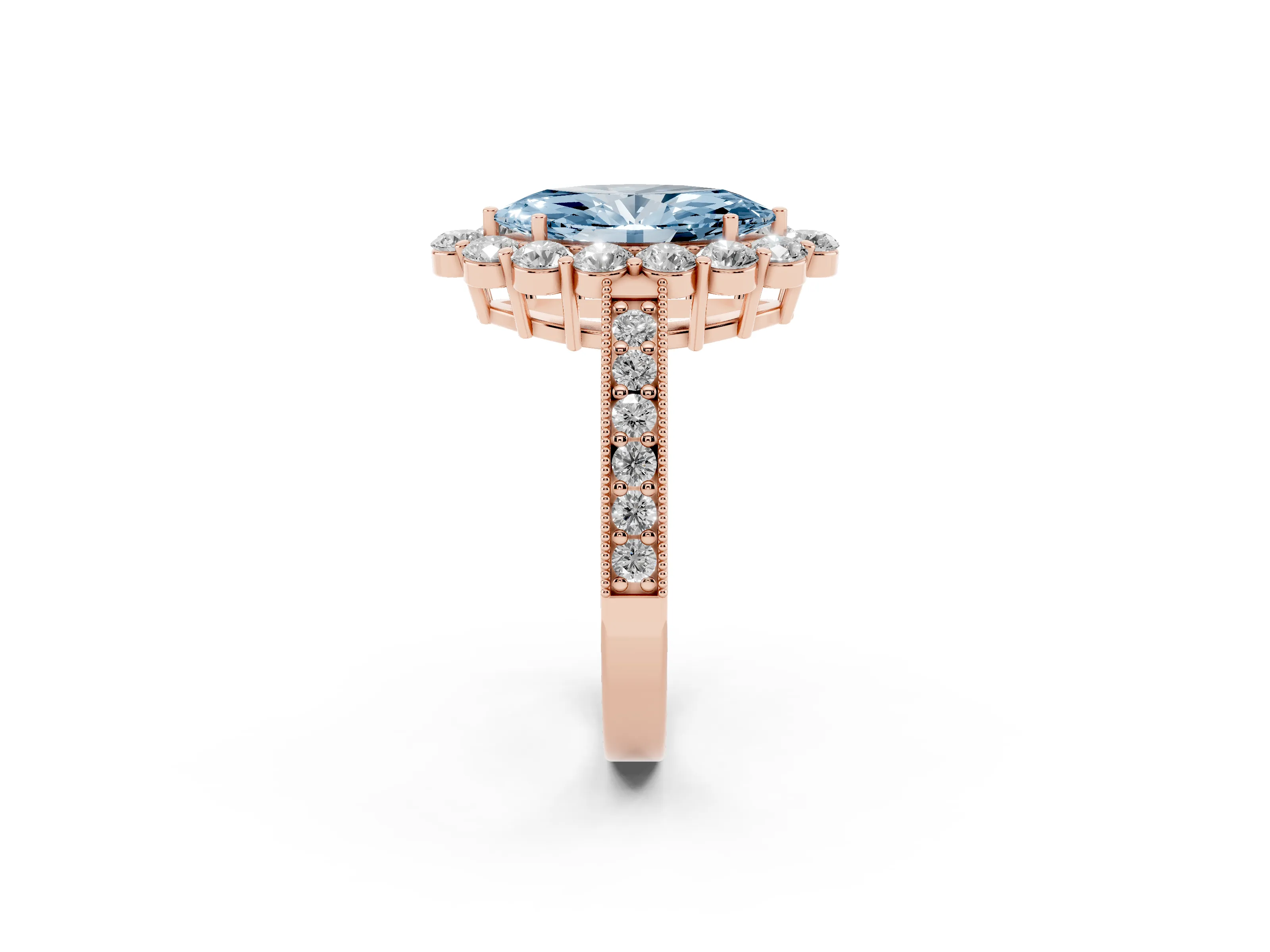 Fancy Blue Marquise Cut Diamond Halo Pavé Engagement Ring Set in Rose gold with Milgrain Detailing