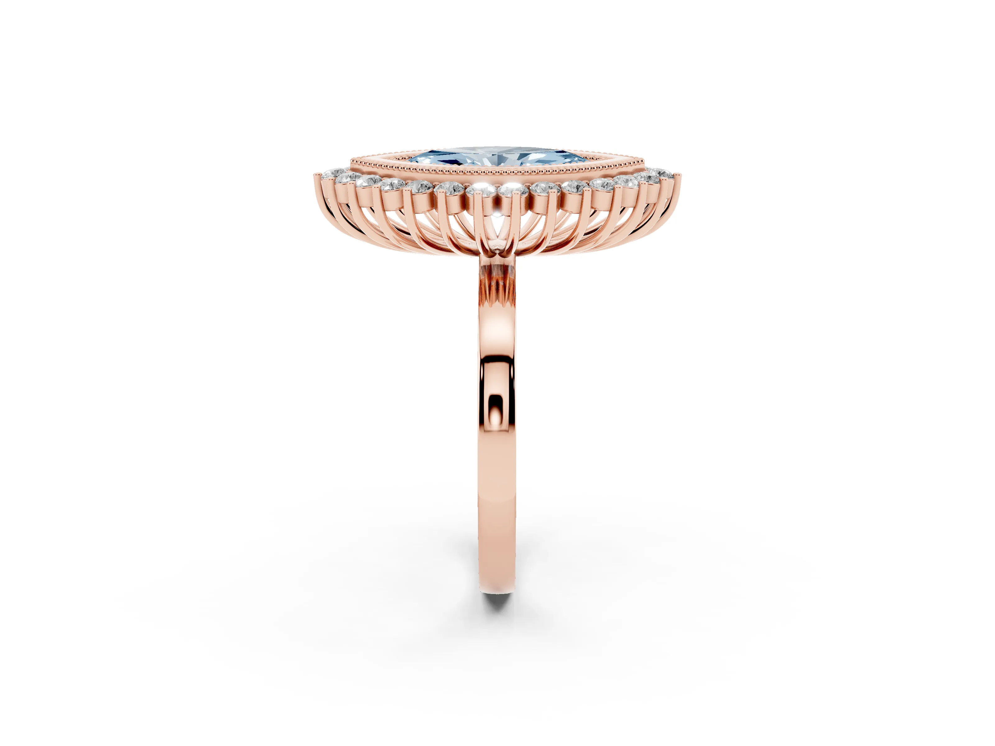Fancy Blue Marquise Cut Diamond Halo Ring Set in Rose gold with Milgrain Edge and Round Prong Setting