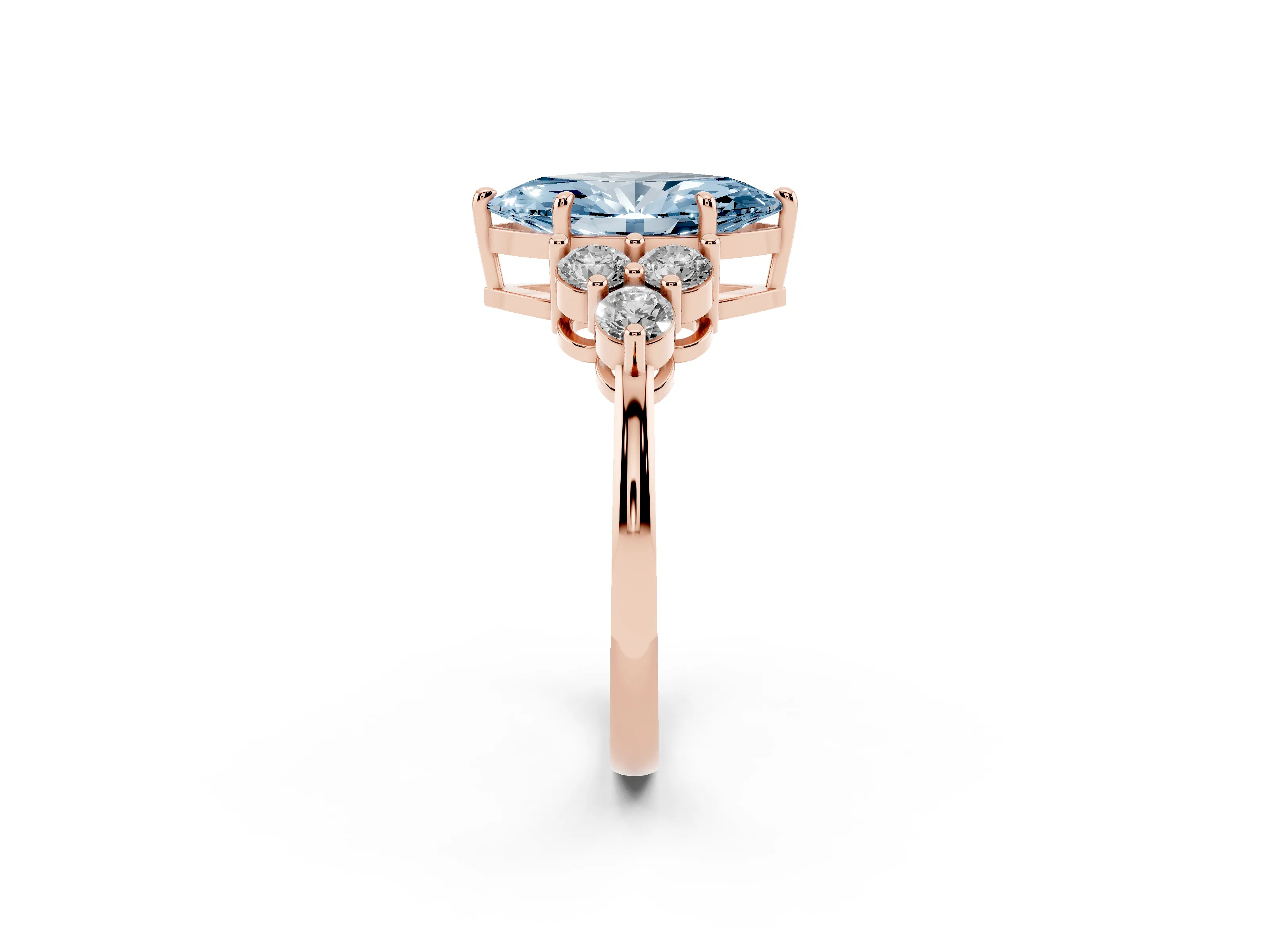 Fancy Blue Marquise Cut Diamond Solitaire Ring Set in Rose gold with Cluster Accents on Each Side