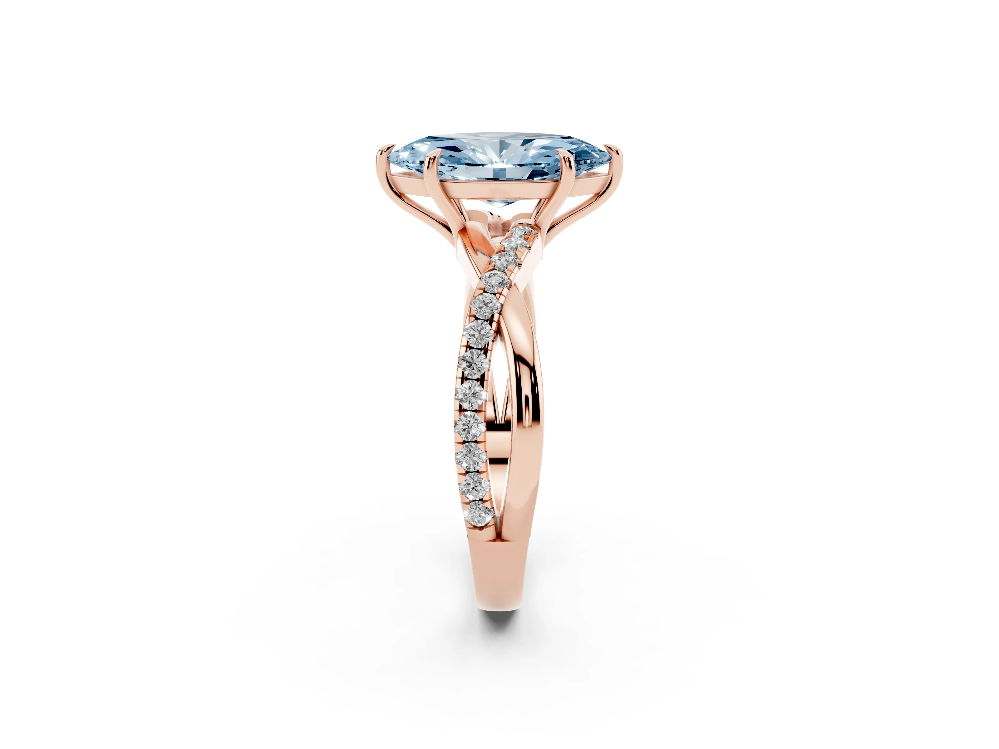 Fancy Blue Marquise Cut Diamond Twisted Pavé Band Ring Set in Rose gold with Prong Setting