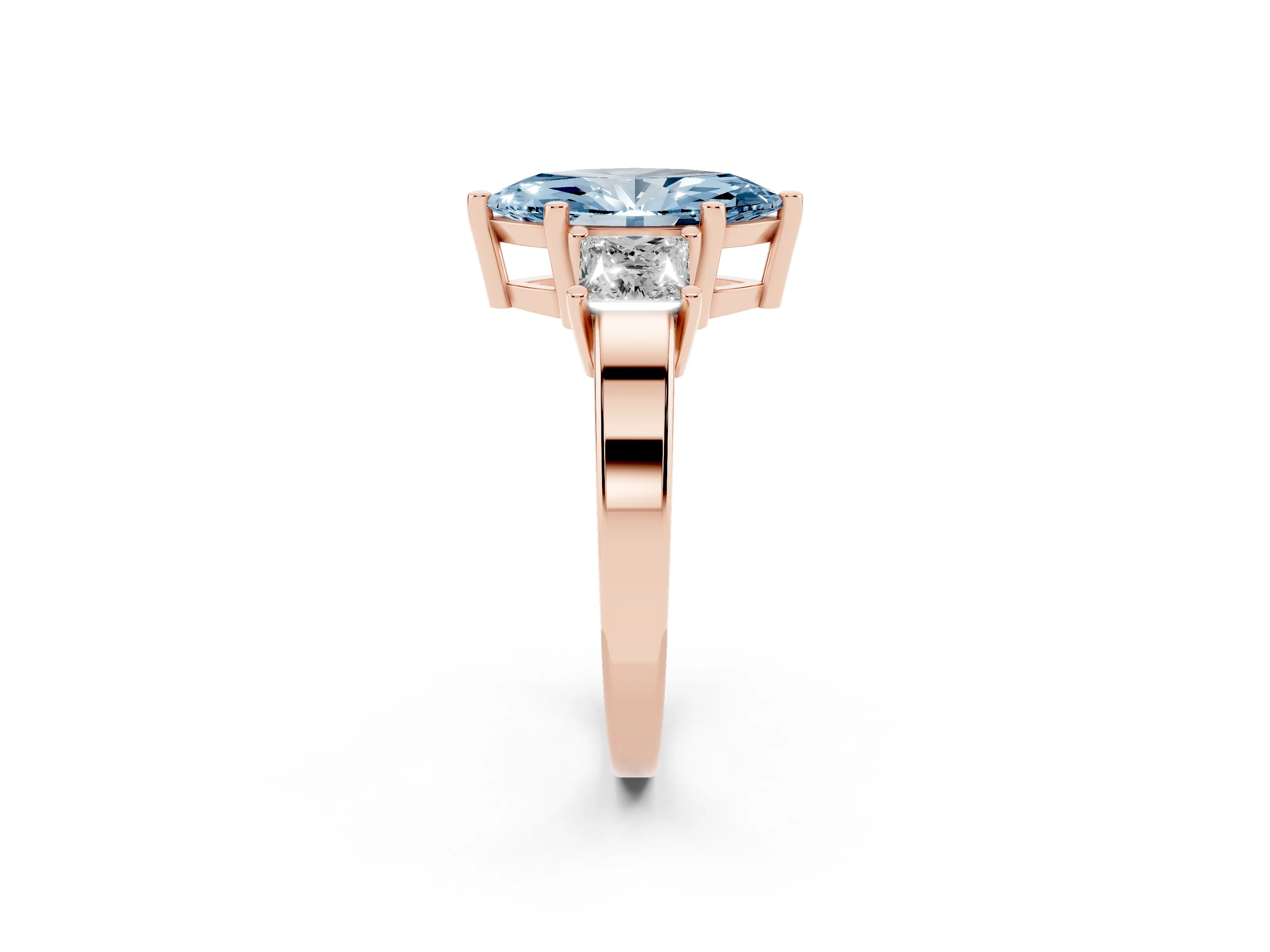 Fancy Blue Three-Stone Marquise Cut Diamond Solitaire Ring Set in Rose gold with Prong Setting