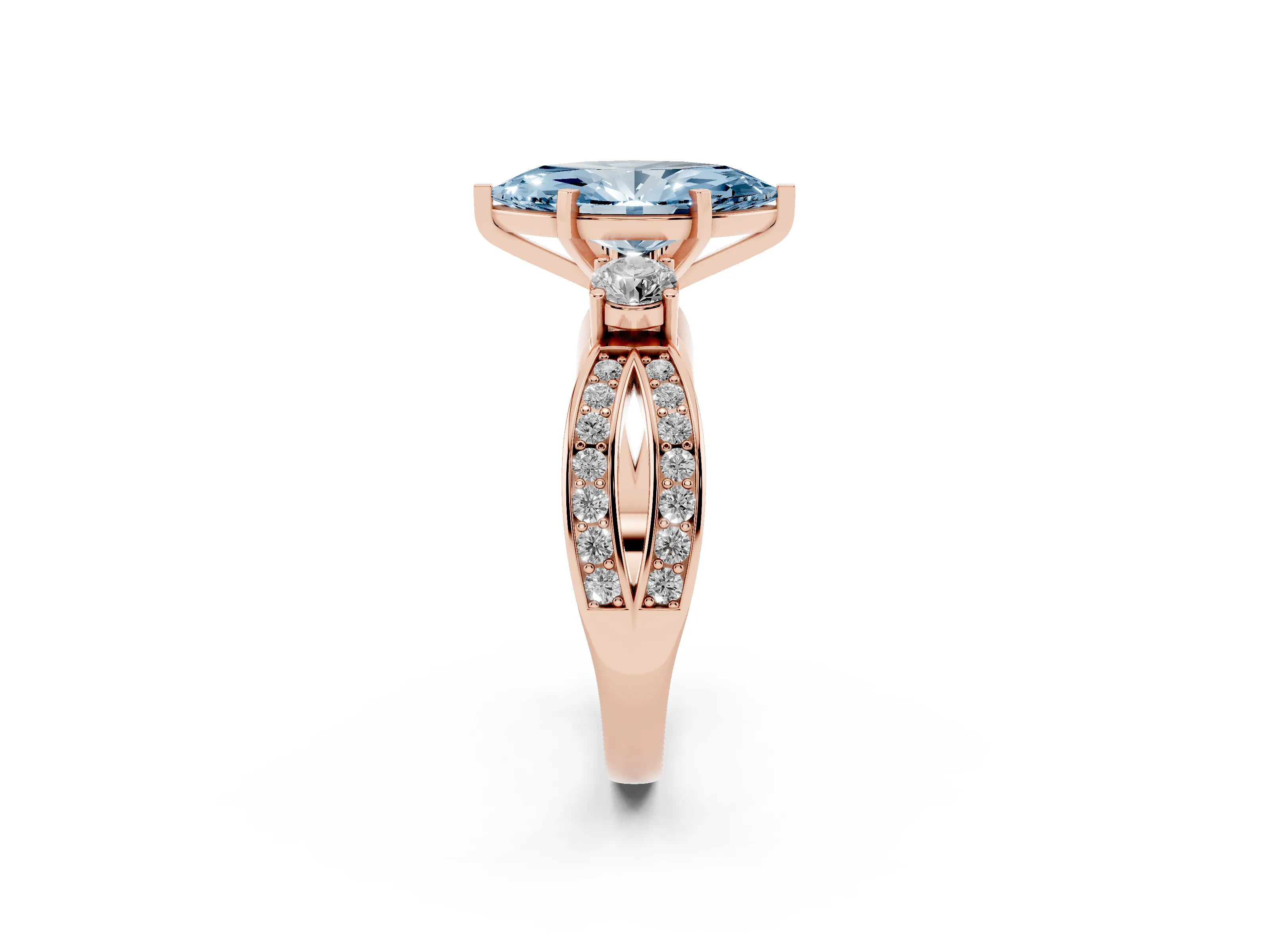 Fancy Blue Three-Stone Marquise Cut Diamond Twist Band Ring Set in Rose gold with Pavé Accents and Prong Setting